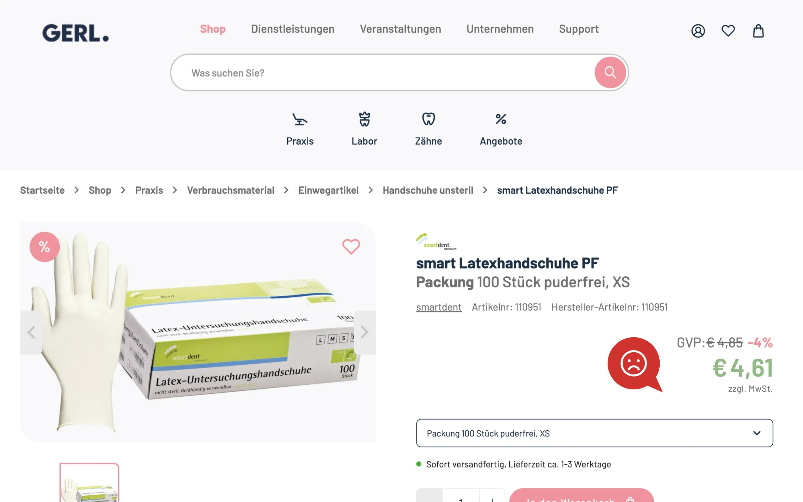 Screenshot-Beleg: Gerl Dental — Kriterium 1.2 Grundpreis / €-pro-Einheit