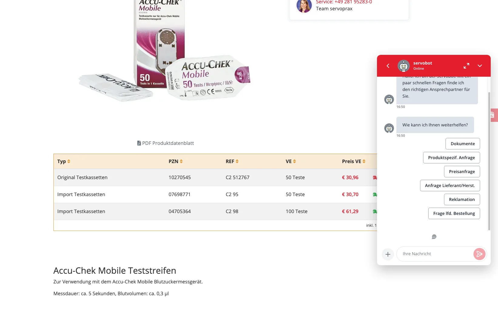 Screenshot-Beleg: Servoprax — Kriterium 6.2 Live-Chat oder Chatbot