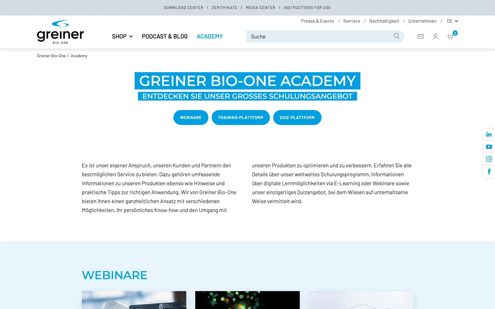 Screenshot-Beleg: Greiner Bio-One — Kriterium 6.4 Schulungs- / Education-Hub