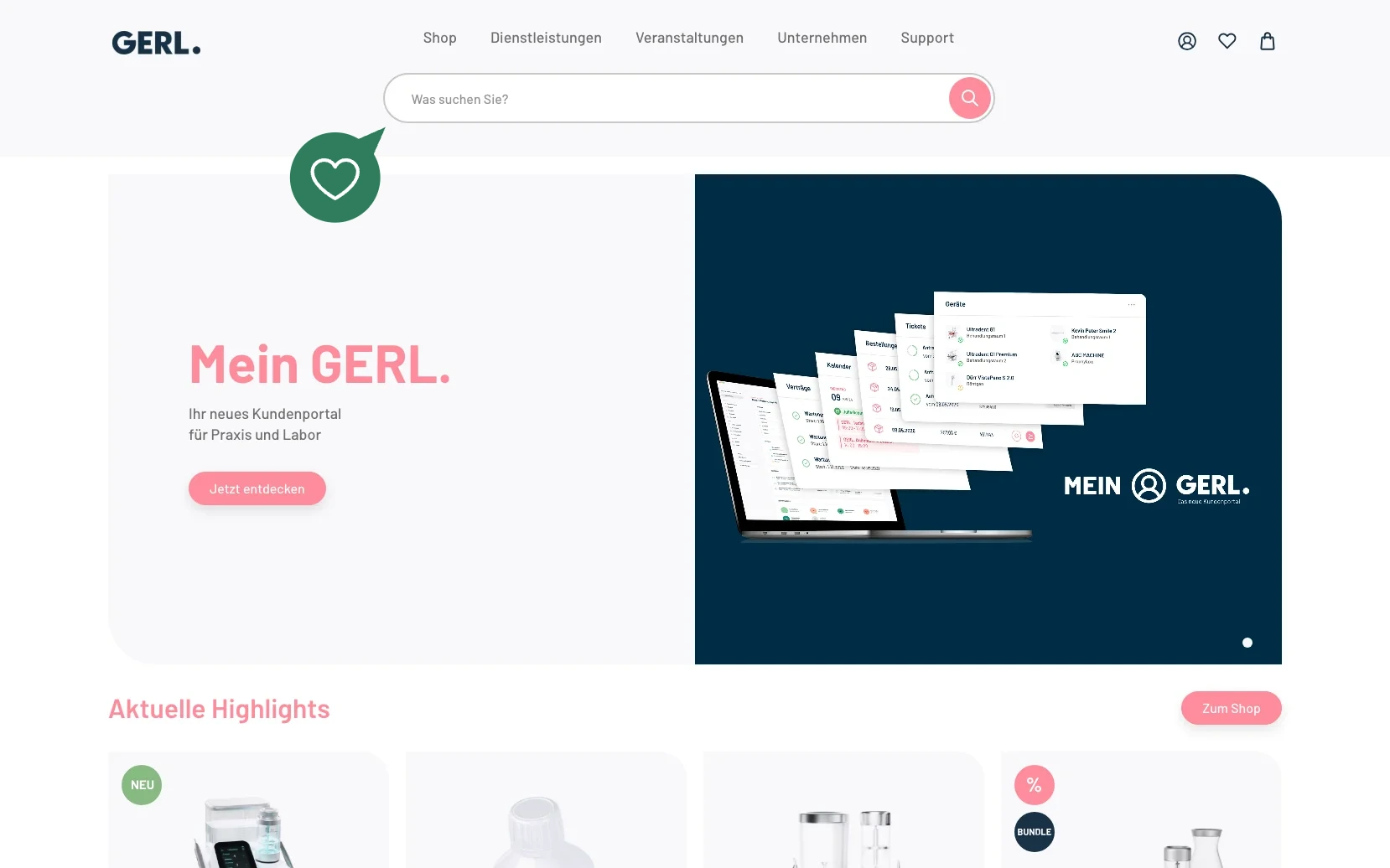Screenshot-Beleg: Gerl Dental — Kriterium 2.1 Suchfeld persistent in Top-Bar
