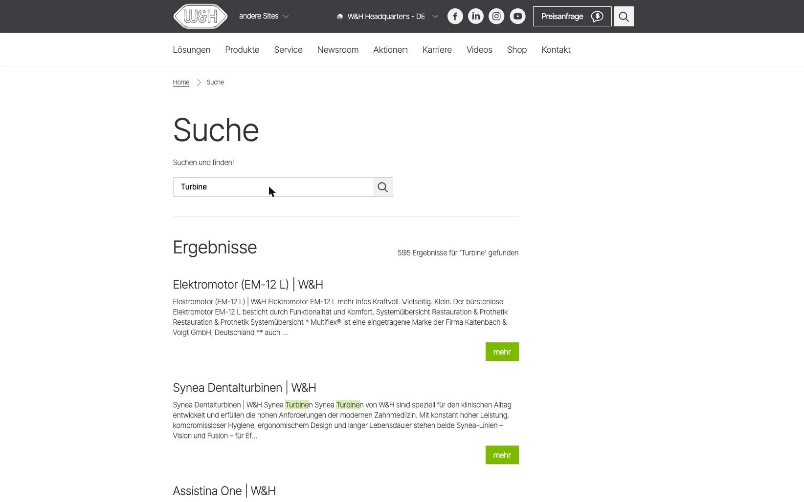 Screenshot-Beleg: W&H Dentalwerk — Kriterium 2.3 Suchvorschläge während der Eingabe