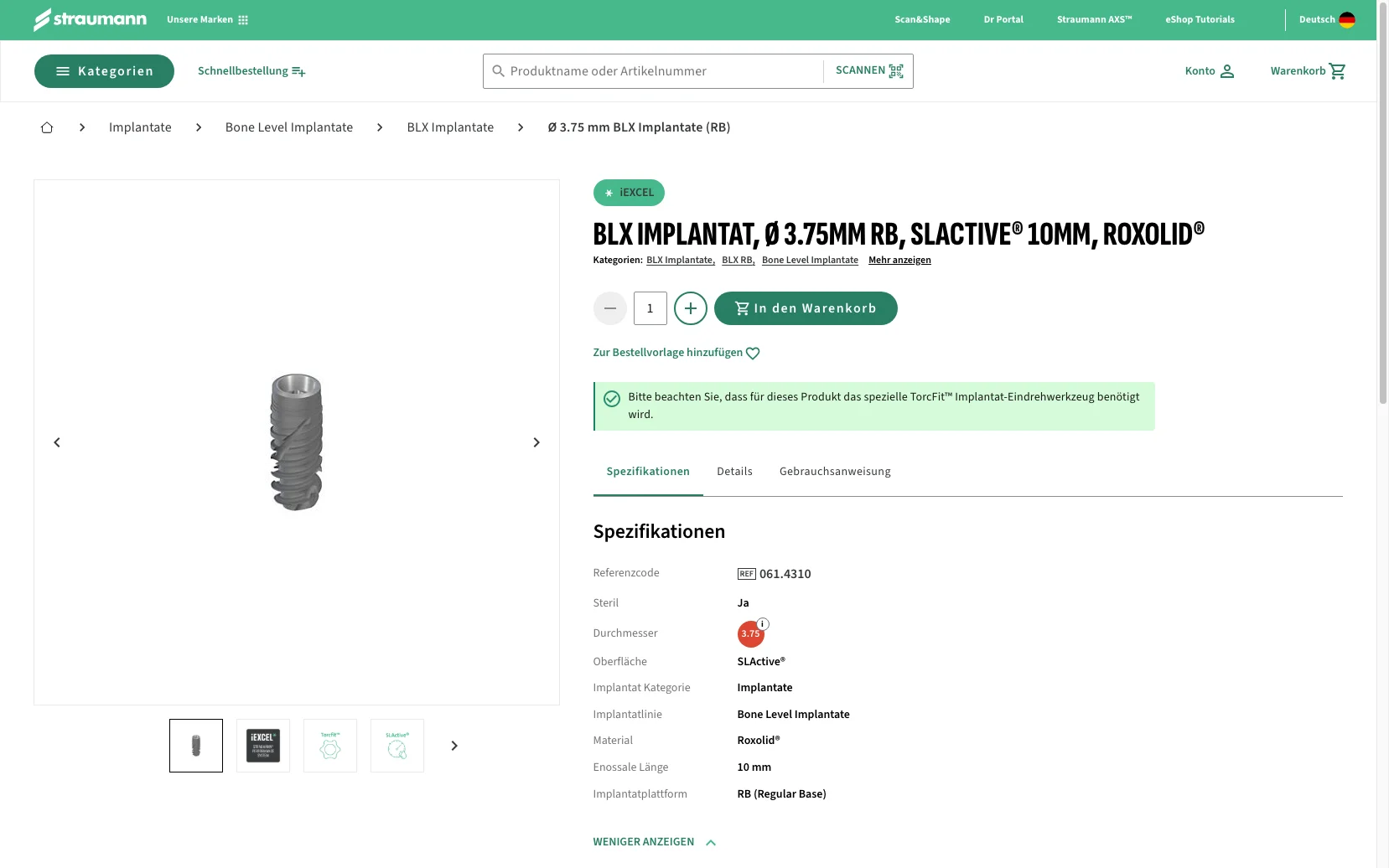 Screenshot-Beleg: Straumann Group — Kriterium 4.3 Strukturierte Produktinformation