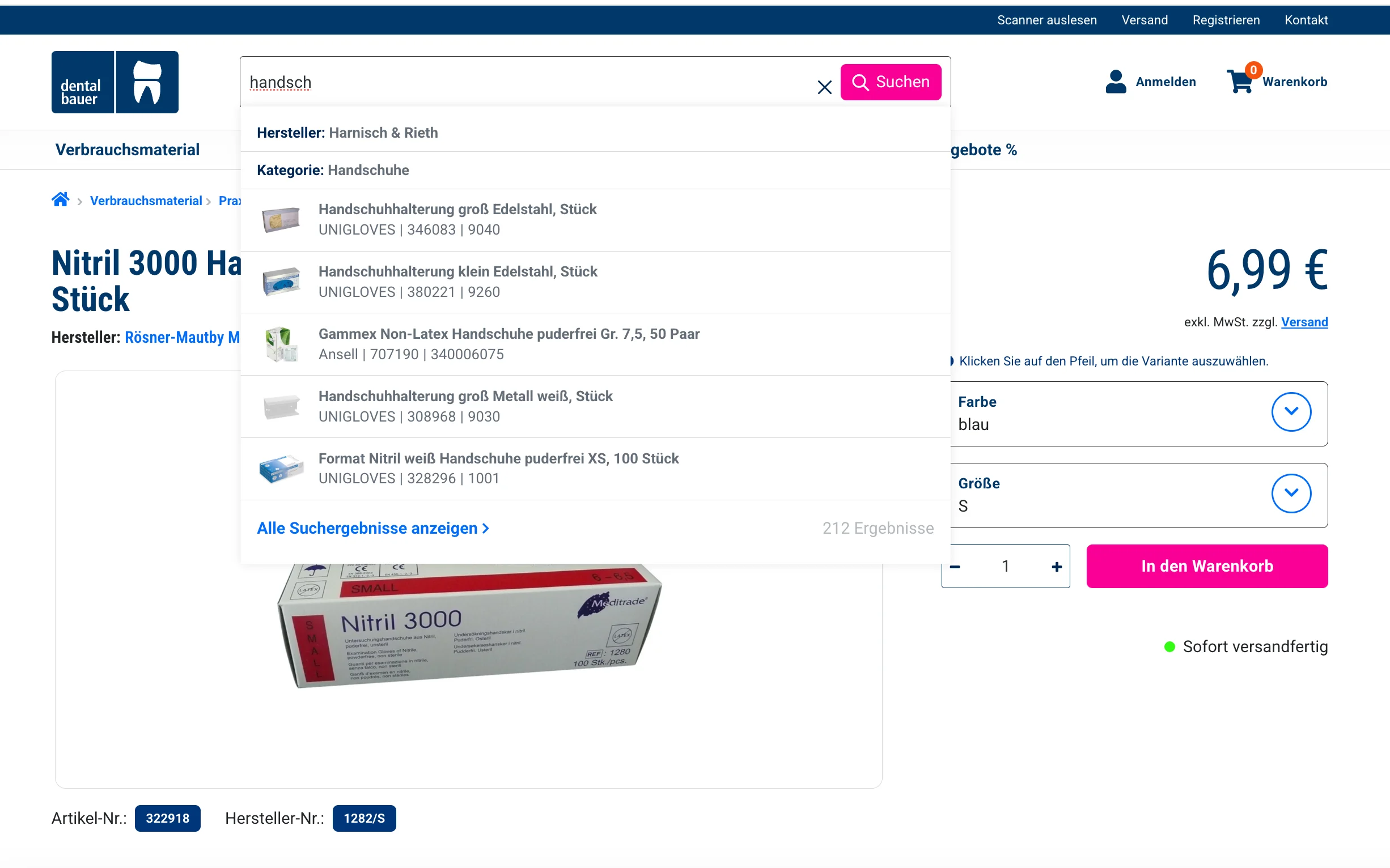 Screenshot-Beleg: Dental Bauer — Kriterium 2.3 Suchvorschläge während der Eingabe