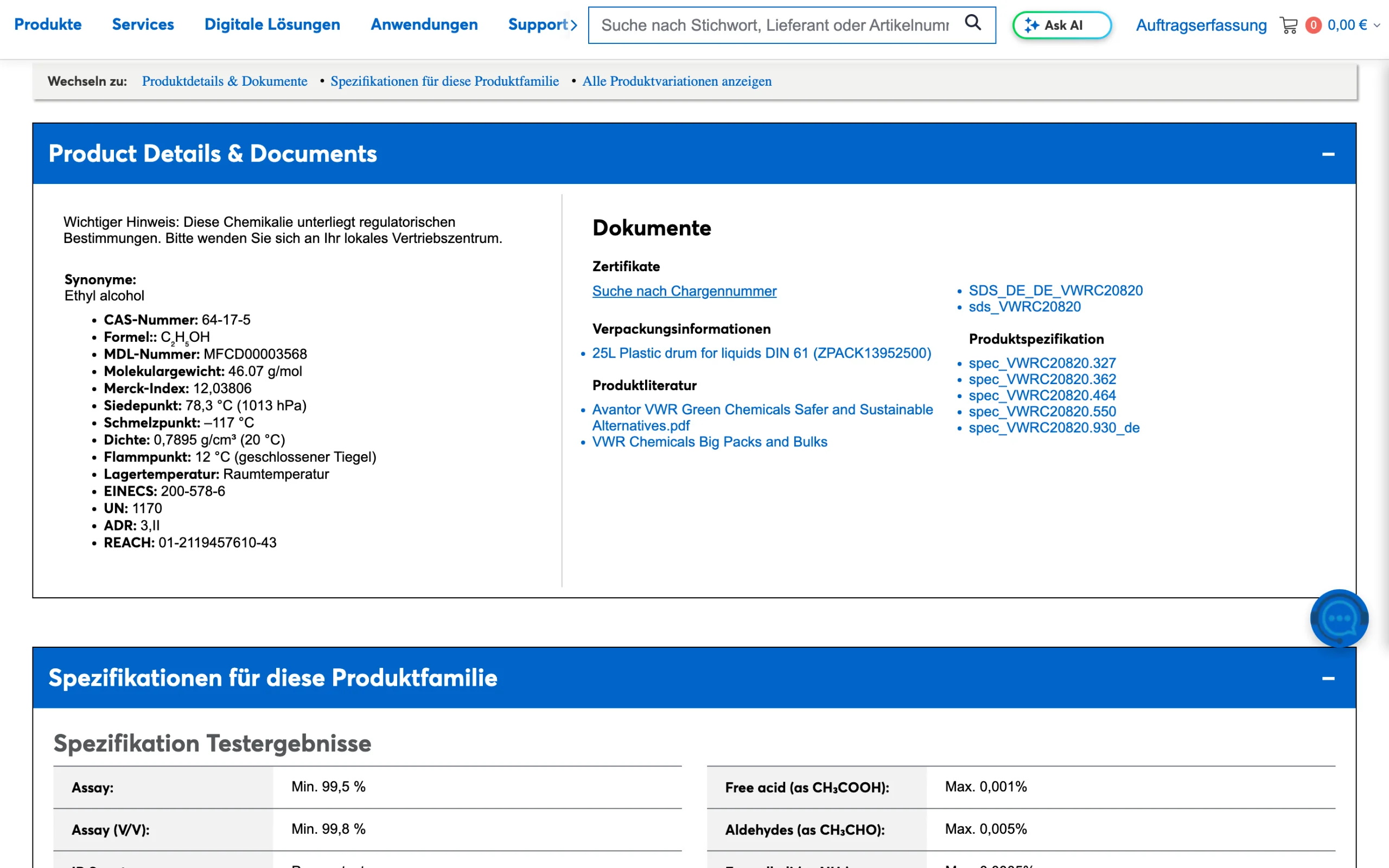 Screenshot-Beleg: VWR / Avantor — Kriterium 4.2 Tech. Dokumente downloadbar