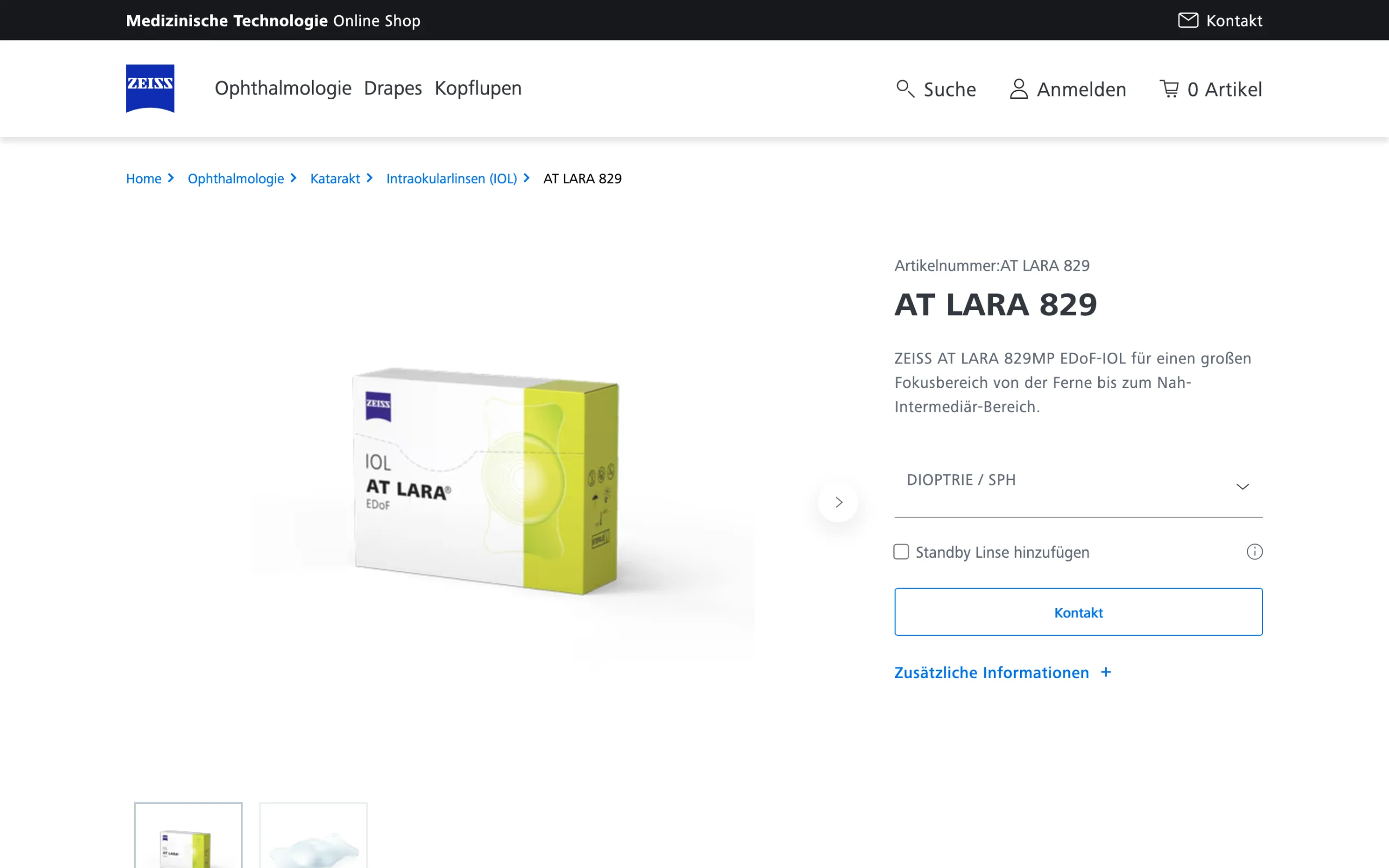Screenshot-Beleg: Carl Zeiss Meditec — Kriterium 5.1 „Wo kaufen"-Info auf Site