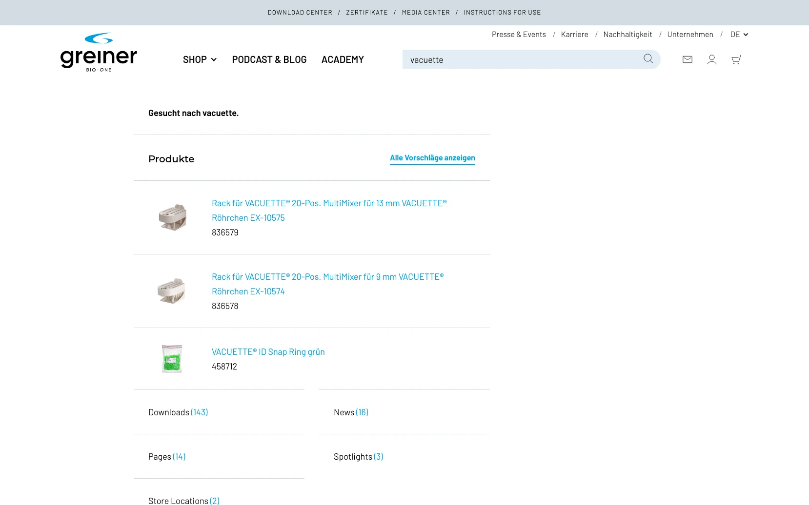 Screenshot-Beleg: Greiner Bio-One — Kriterium 2.3 Suchvorschläge während der Eingabe