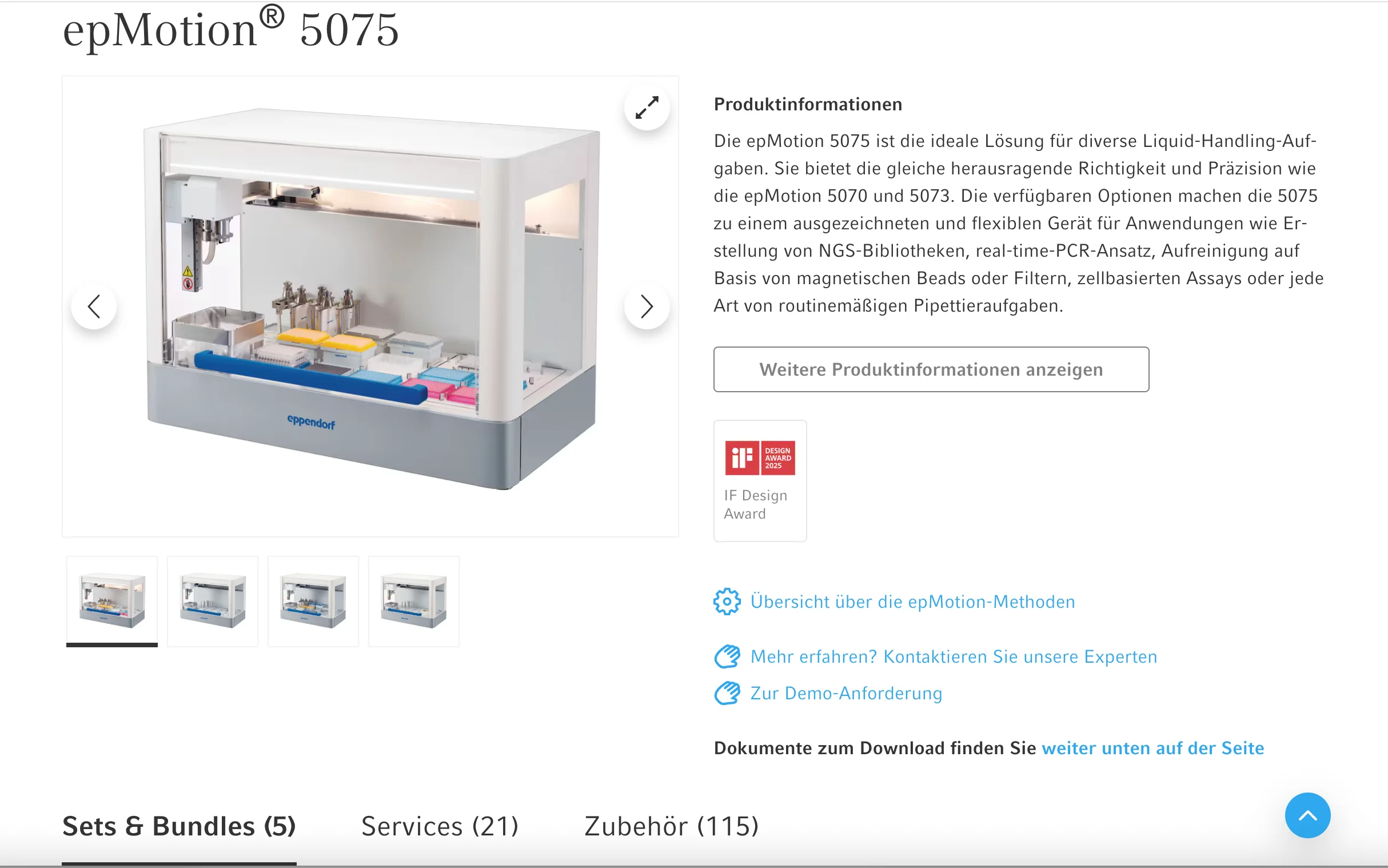 Screenshot-Beleg: Eppendorf — Kriterium 4.10 Demo / Trial / Probe anforderbar