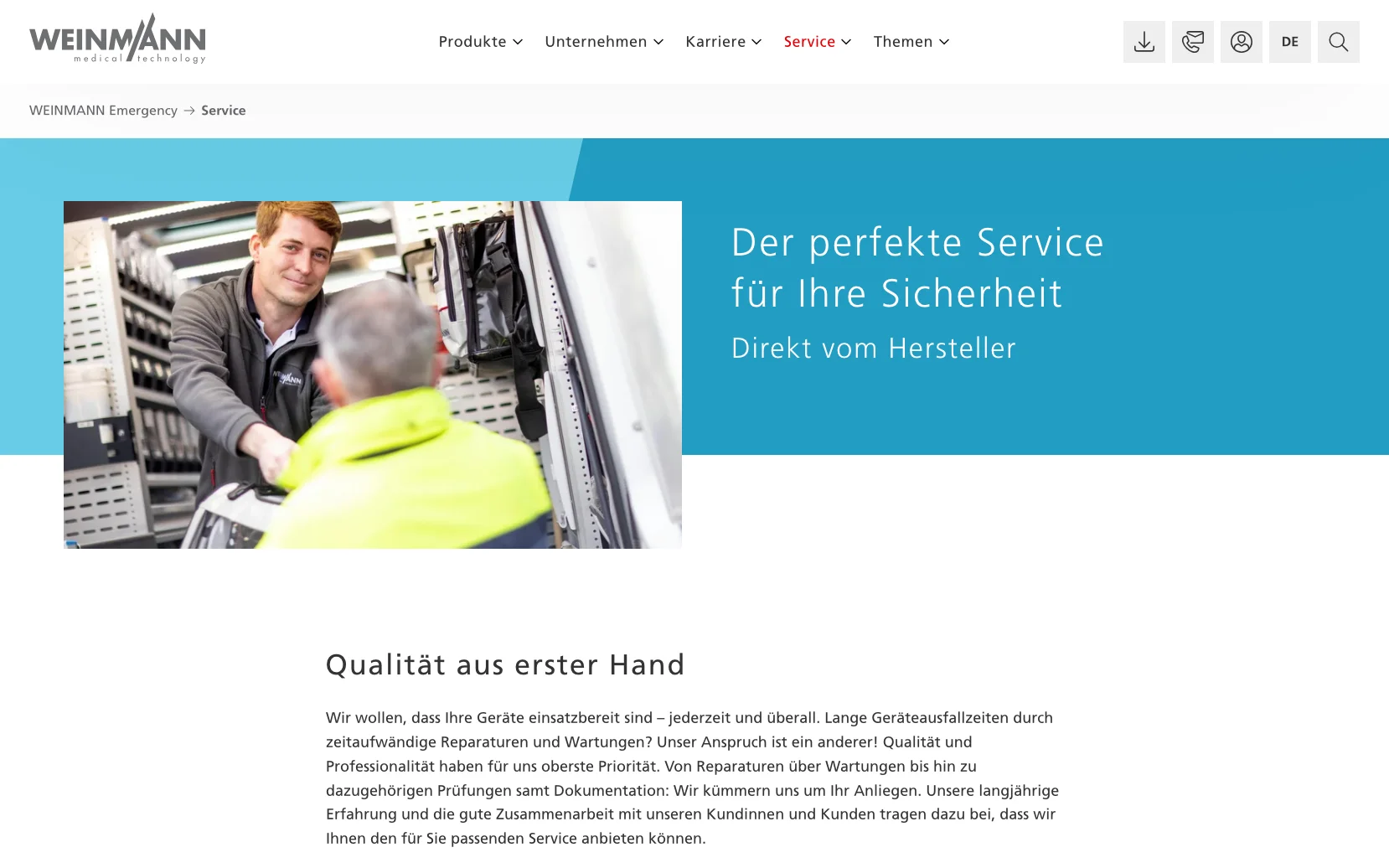 Screenshot-Beleg: Weinmann Emergency — Kriterium 6.5 Service- / Wartungs-Bereich