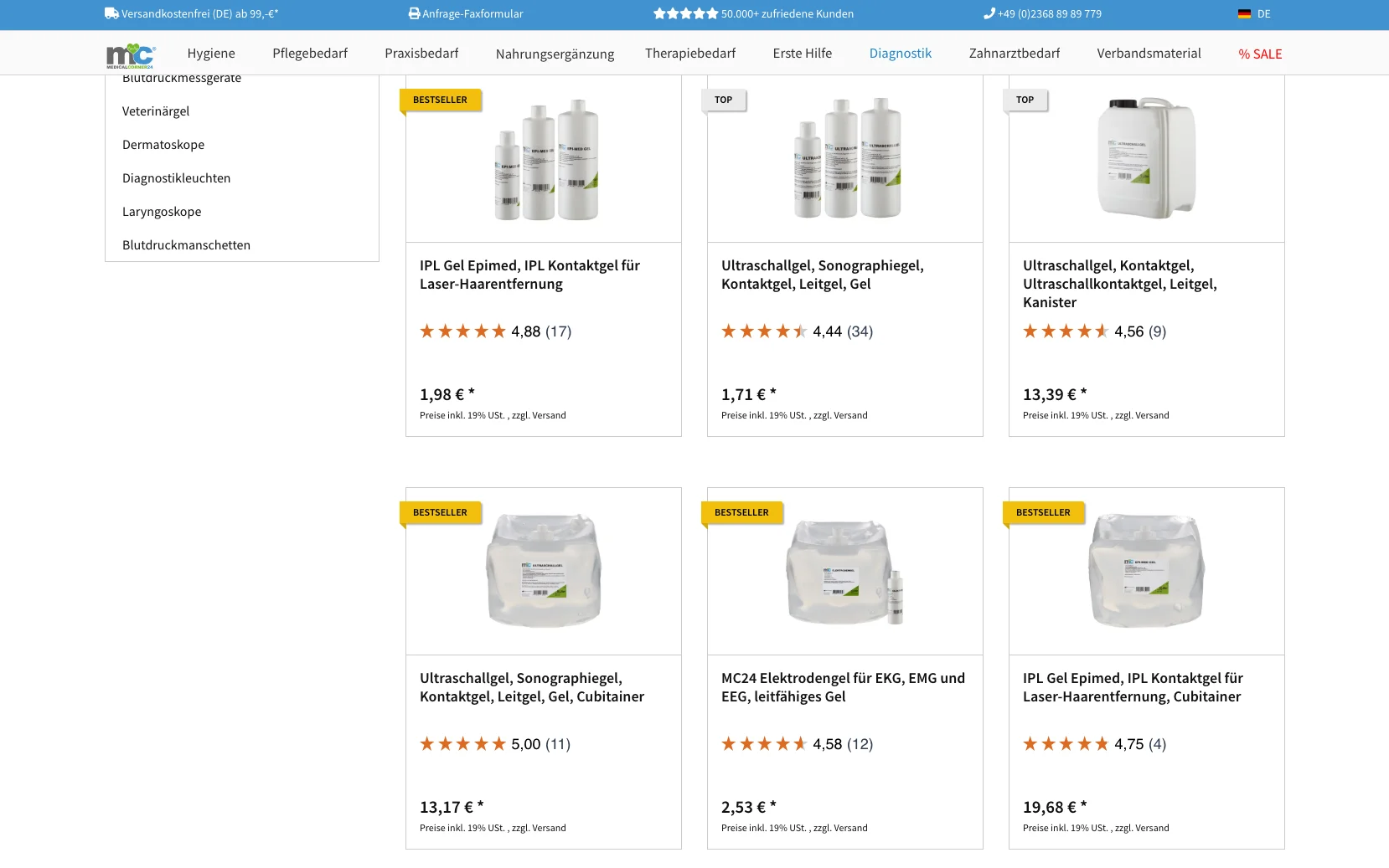 Screenshot-Beleg: medicalcorner24 — Kriterium 3.3 Produktidentifikation in der Produktliste