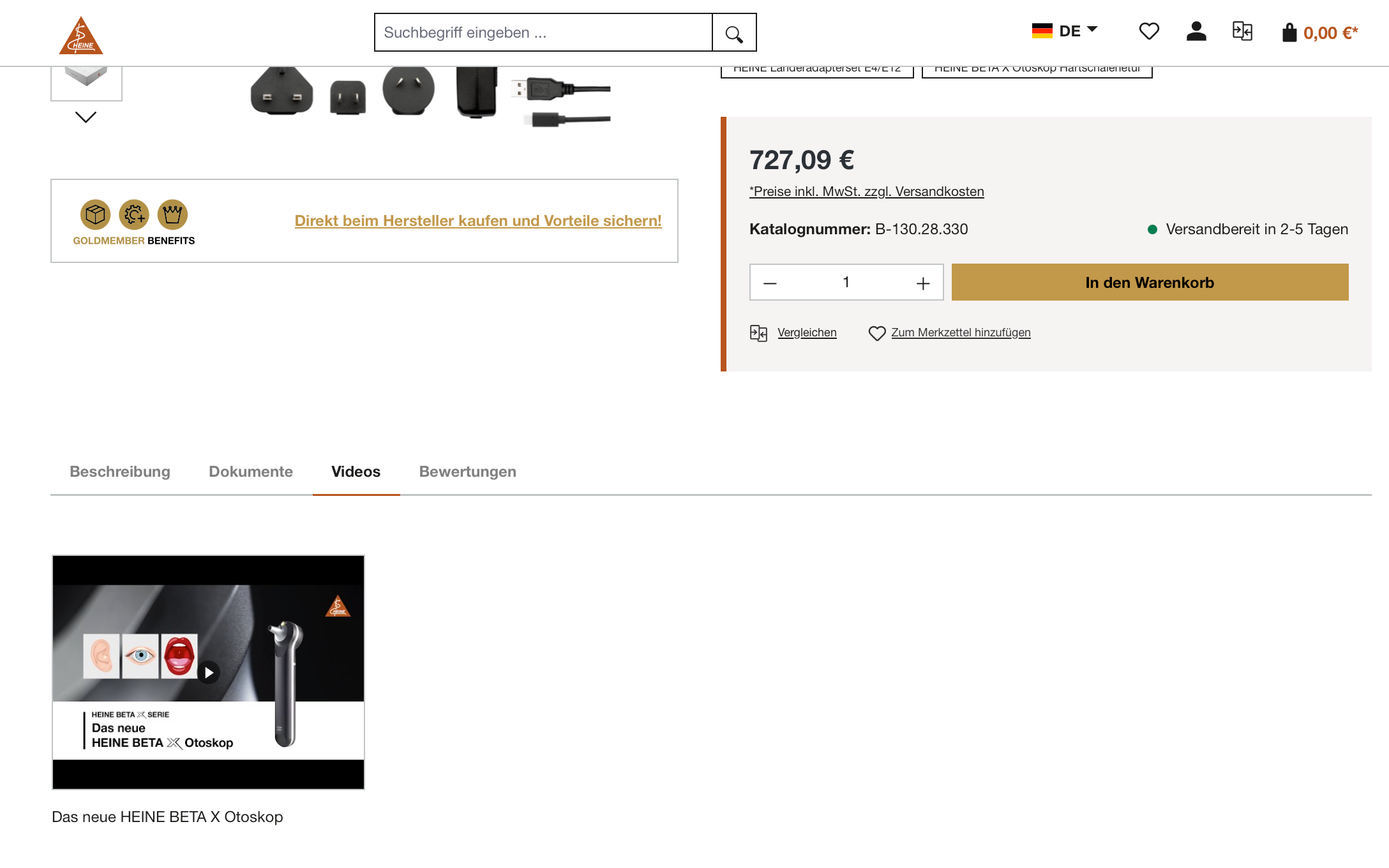 Screenshot-Beleg: Heine Optotechnik — Kriterium 4.6 Anwendungs-/Demo-Video auf der Produktseite