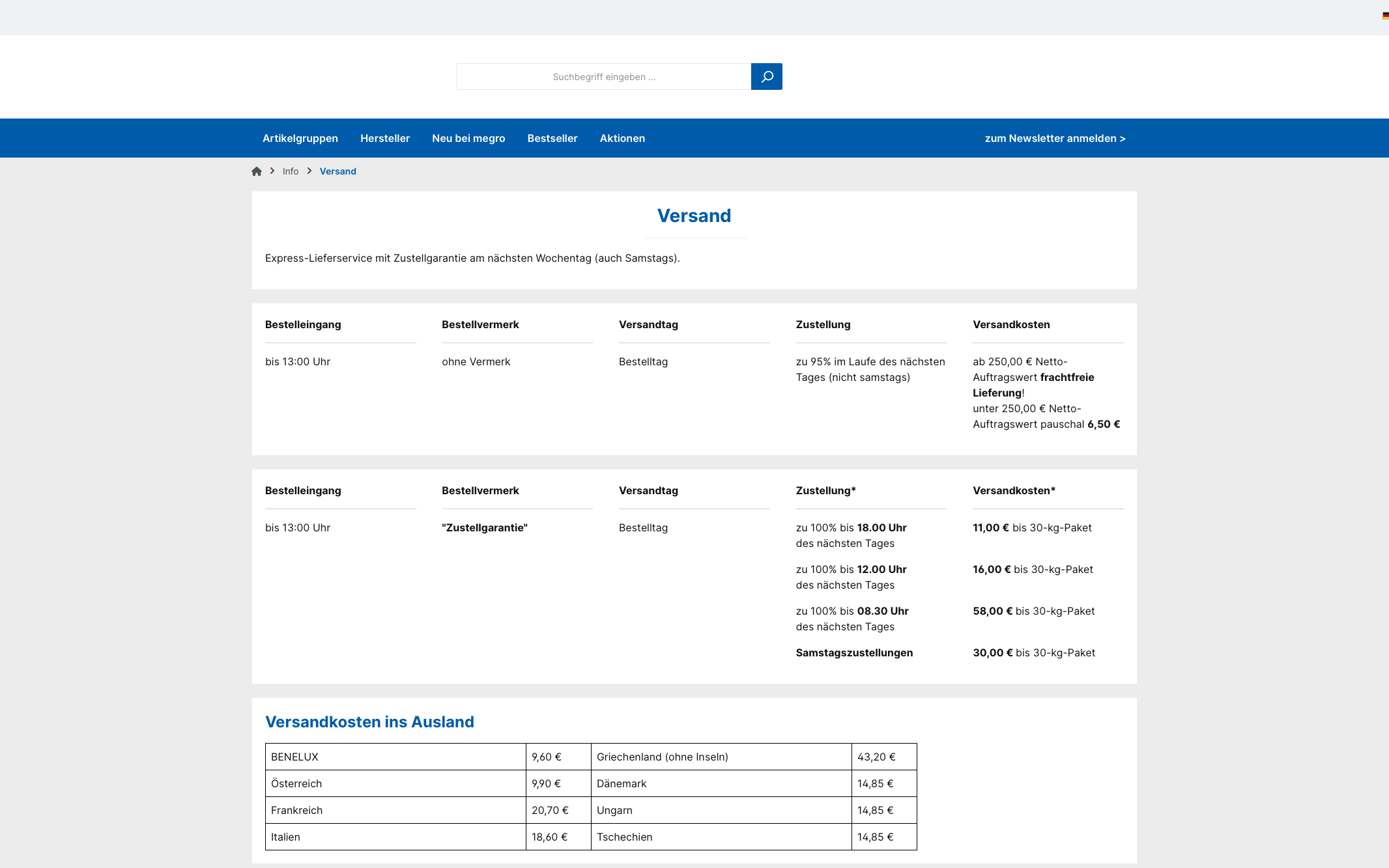 Screenshot-Beleg: Megro — Kriterium 5.3 Lieferzeit / Verfügbarkeit