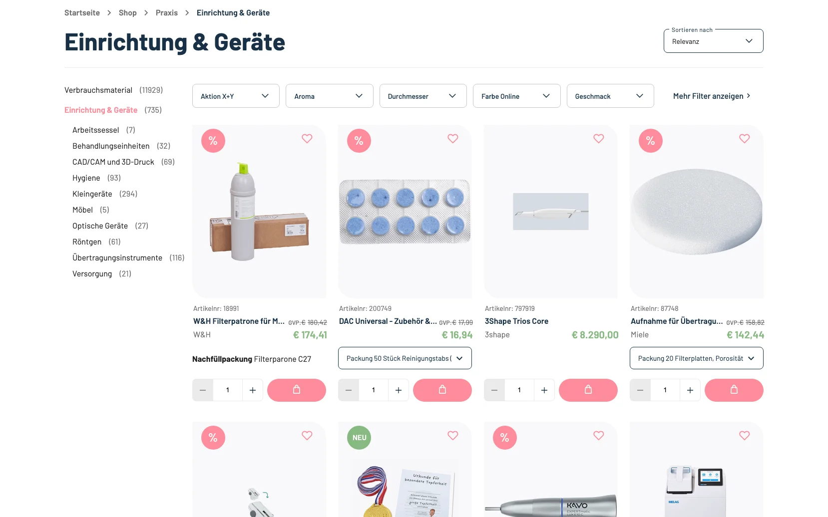Screenshot-Beleg: Gerl Dental — Kriterium 3.3 Produktidentifikation in der Produktliste