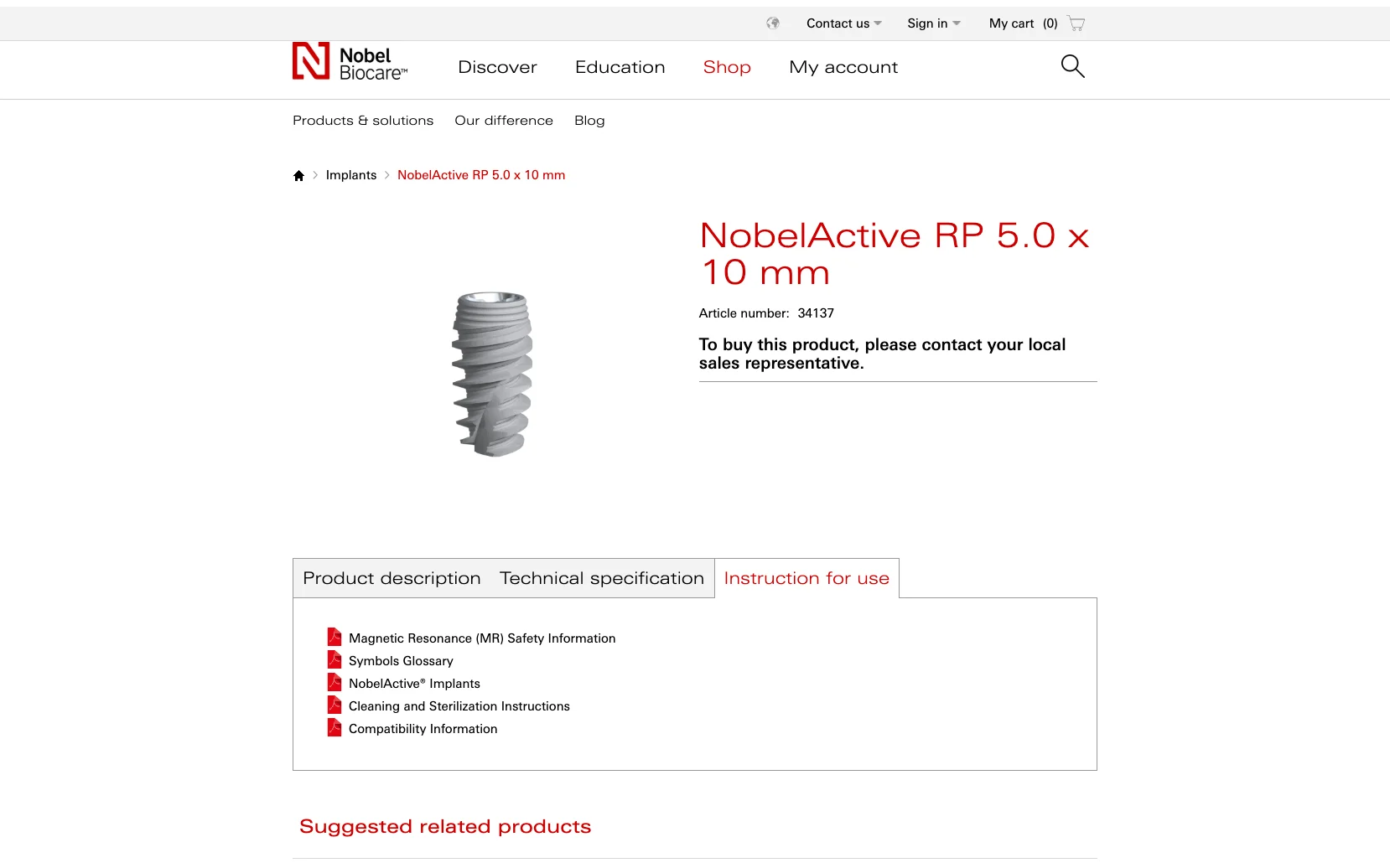 Screenshot-Beleg: Nobel Biocare — Kriterium 4.2 Tech. Dokumente downloadbar