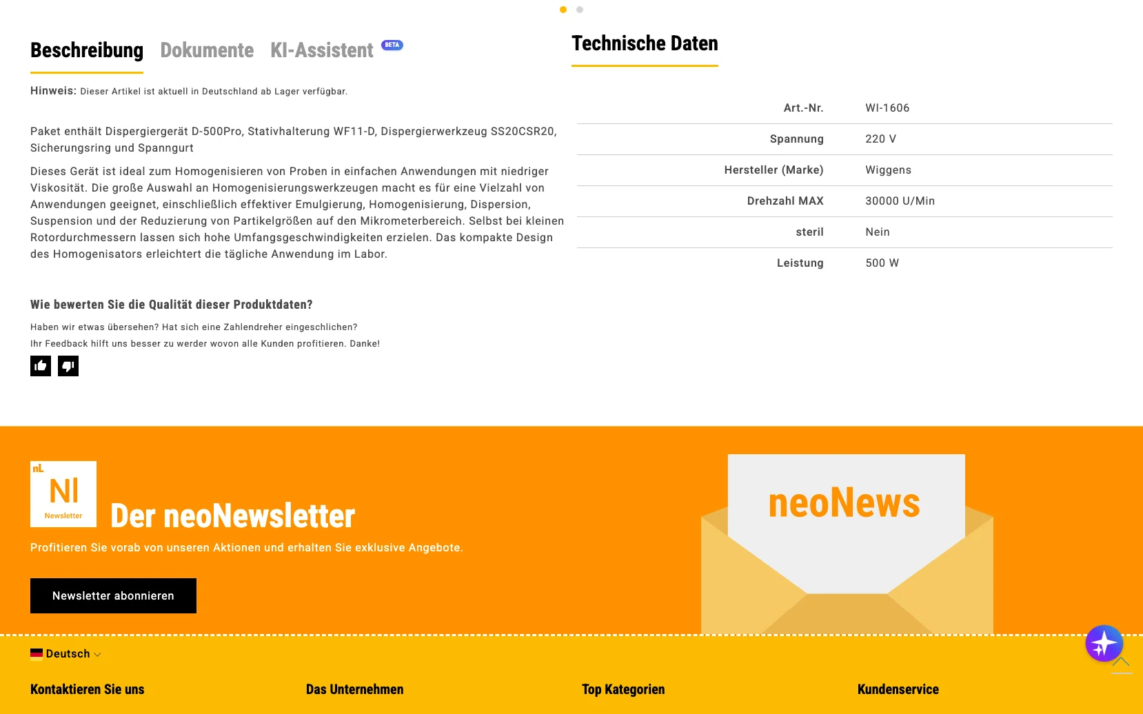 Screenshot-Beleg: neoLab — Kriterium 4.3 Strukturierte Produktinformation
