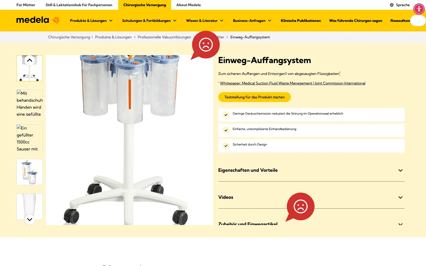 Screenshot-Beleg: Medela — Kriterium 1.4 Design & Gesamteindruck