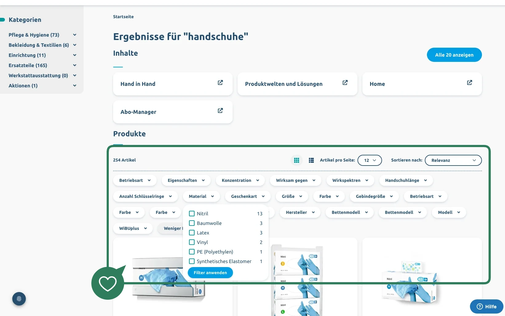 Screenshot-Beleg: WiBU PflegePlus — Kriterium 3.1 Filter in der Produktliste (Anzahl)