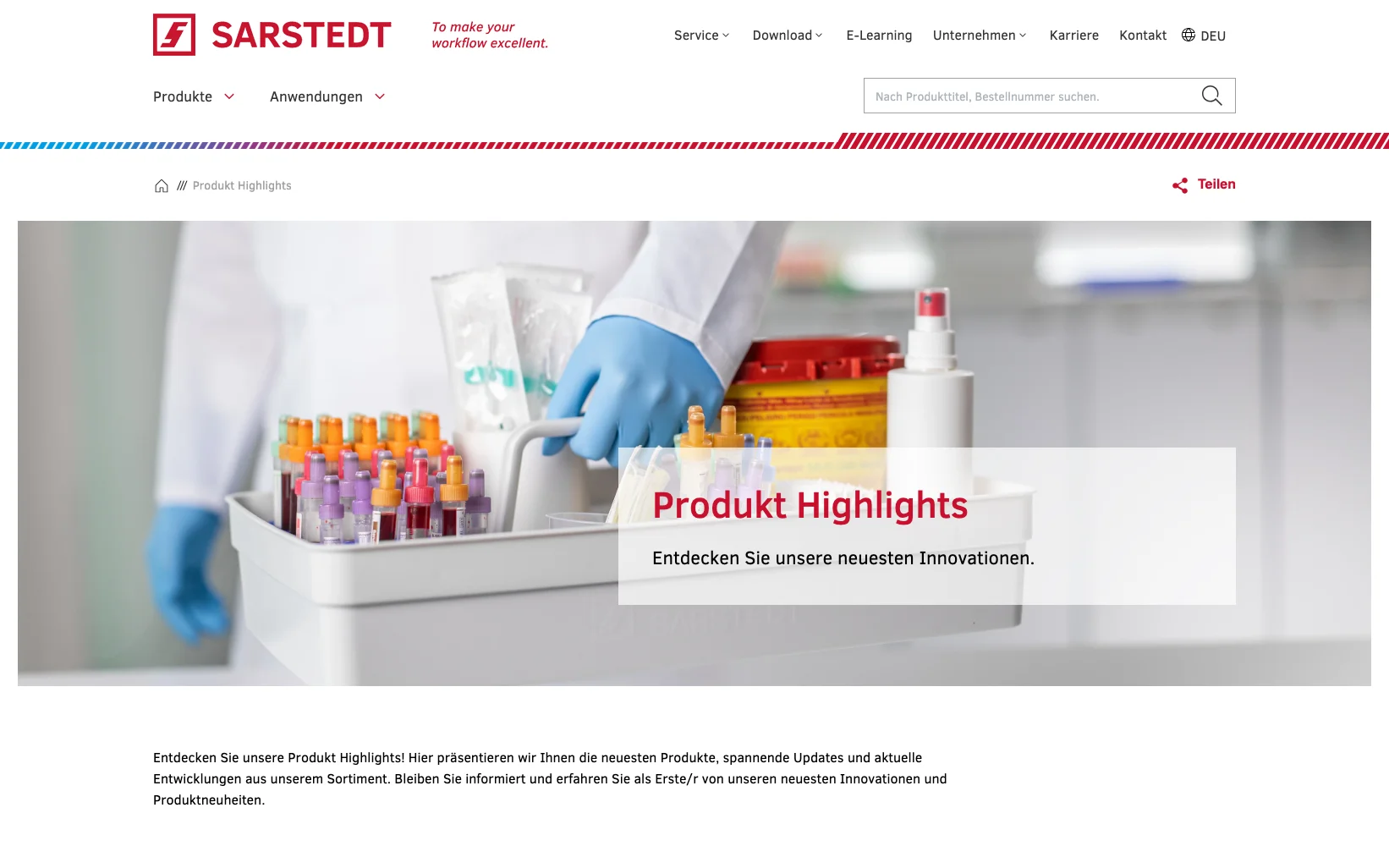 Screenshot-Beleg: Sarstedt — Kriterium 2.1 Suchfeld persistent in Top-Bar