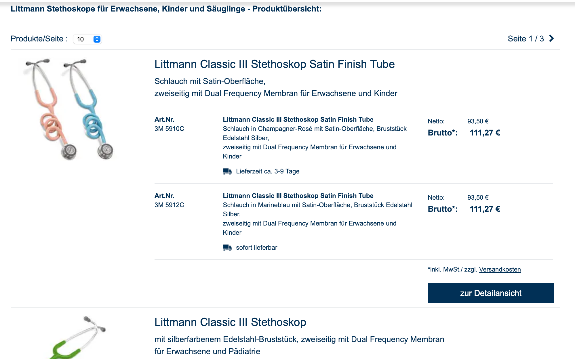 Screenshot-Beleg: MSG-Praxisbedarf — Kriterium 3.3 Produktidentifikation in der Produktliste