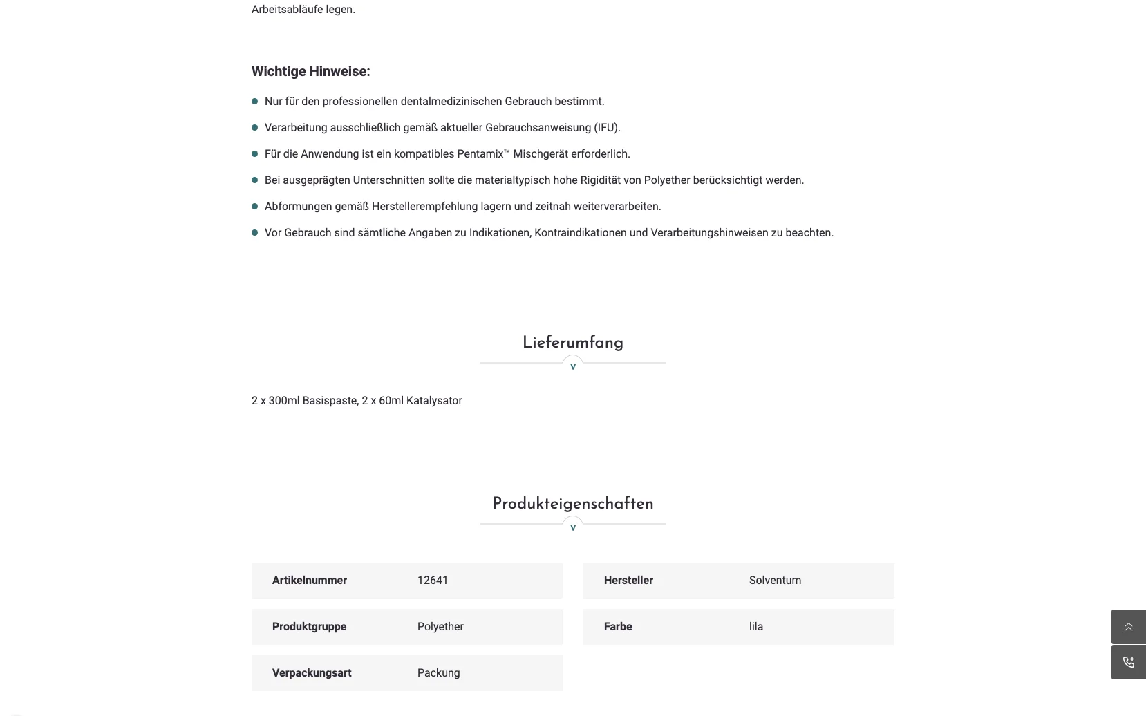 Screenshot-Beleg: van der Ven Dental — Kriterium 4.3 Strukturierte Produktinformation