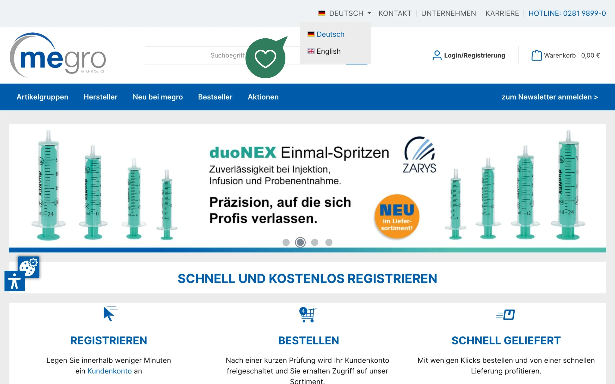 Screenshot-Beleg: Megro — Kriterium 1.5 Sprachauswahl