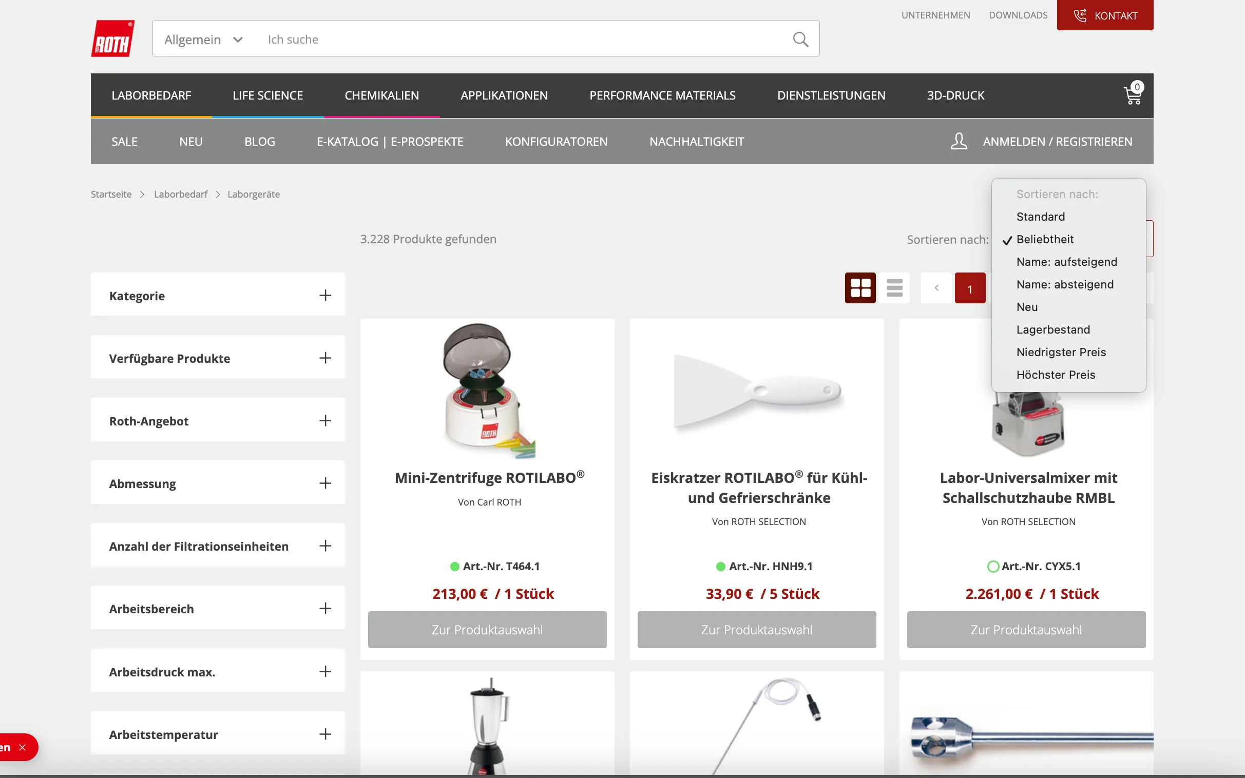 Screenshot-Beleg: Carl Roth — Kriterium 3.2 Sortieroptionen