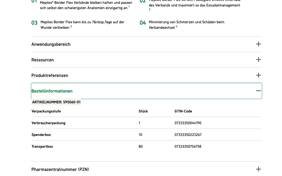 Screenshot-Beleg: Mölnlycke Health Care — Kriterium 4.3 Strukturierte Produktinformation