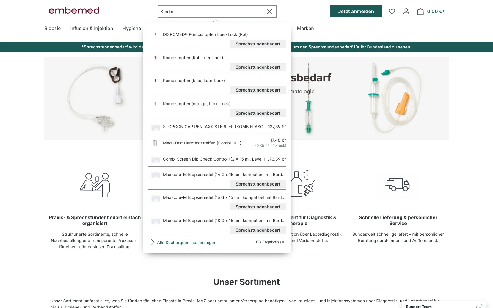 Screenshot-Beleg: embemed — Kriterium 2.3 Suchvorschläge während der Eingabe