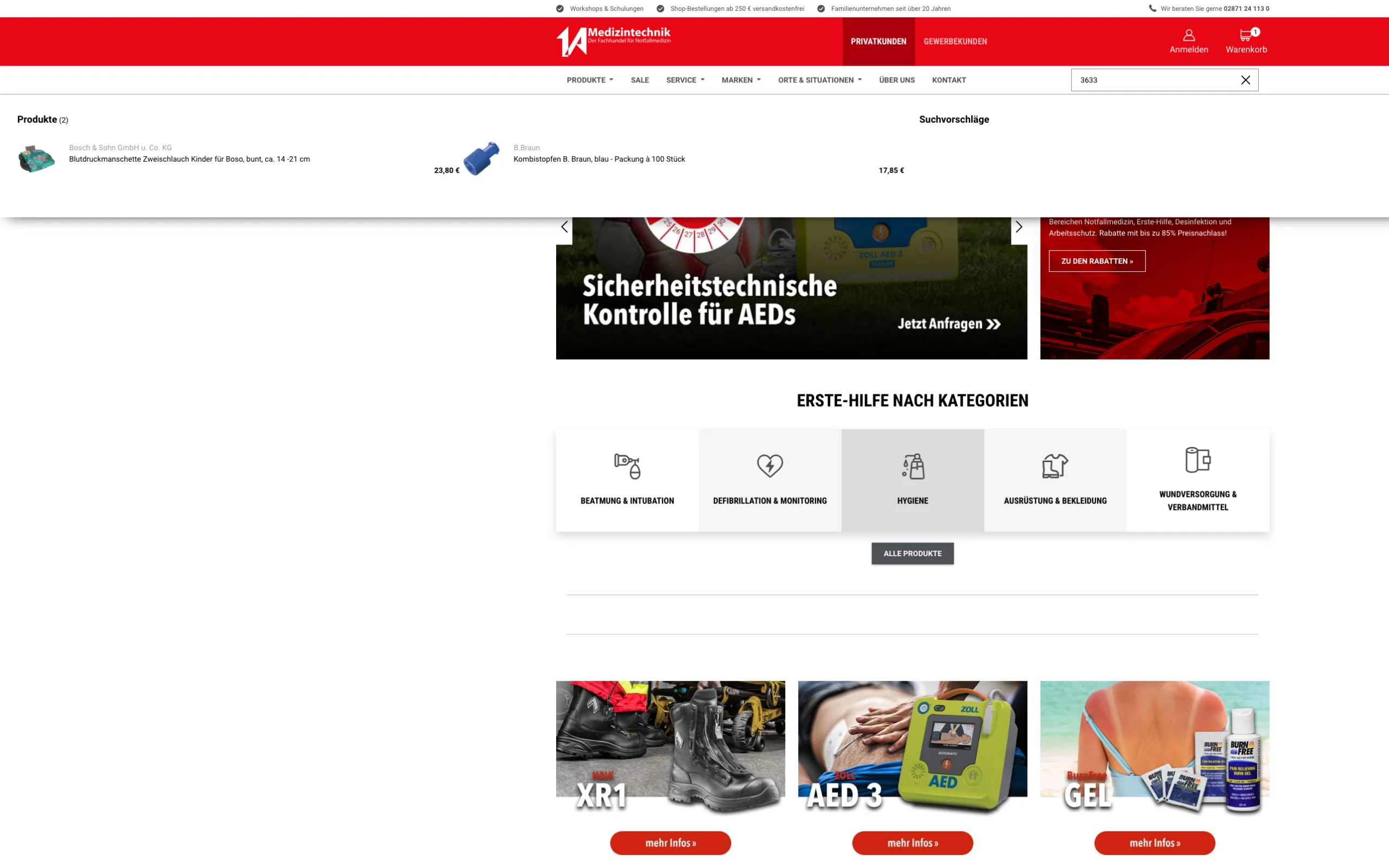 Screenshot-Beleg: 1a-medizintechnik — Kriterium 2.2 Suche per Artikelnr./PZN/REF