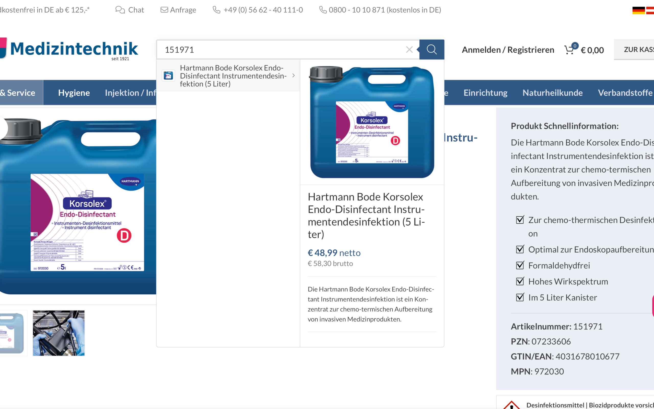Screenshot-Beleg: KS Medizintechnik — Kriterium 2.2 Suche per Artikelnr./PZN/REF