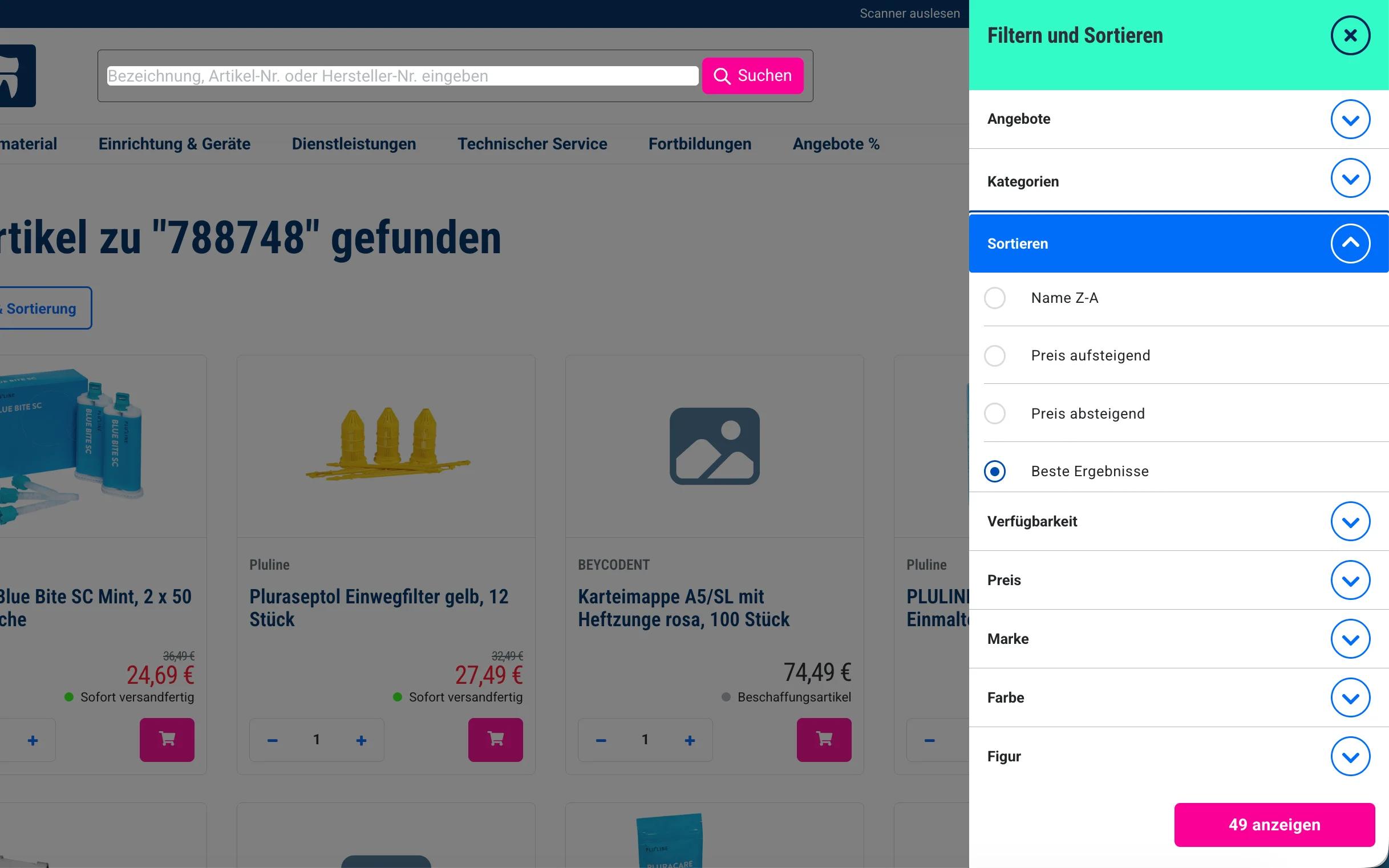 Screenshot-Beleg: Dental Bauer — Kriterium 3.2 Sortieroptionen