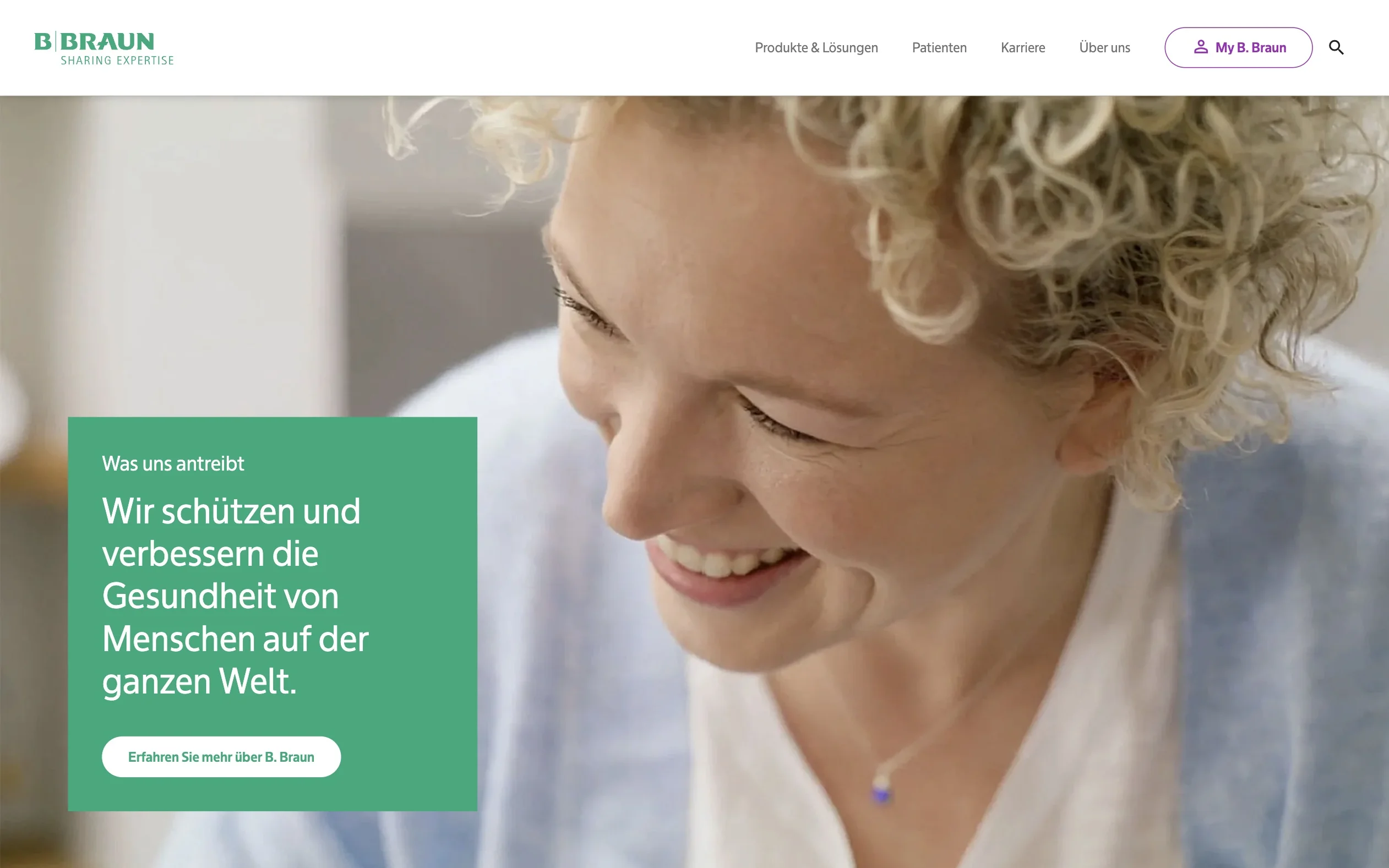 Screenshot-Beleg: B. Braun — Kriterium 2.1 Suchfeld persistent in Top-Bar