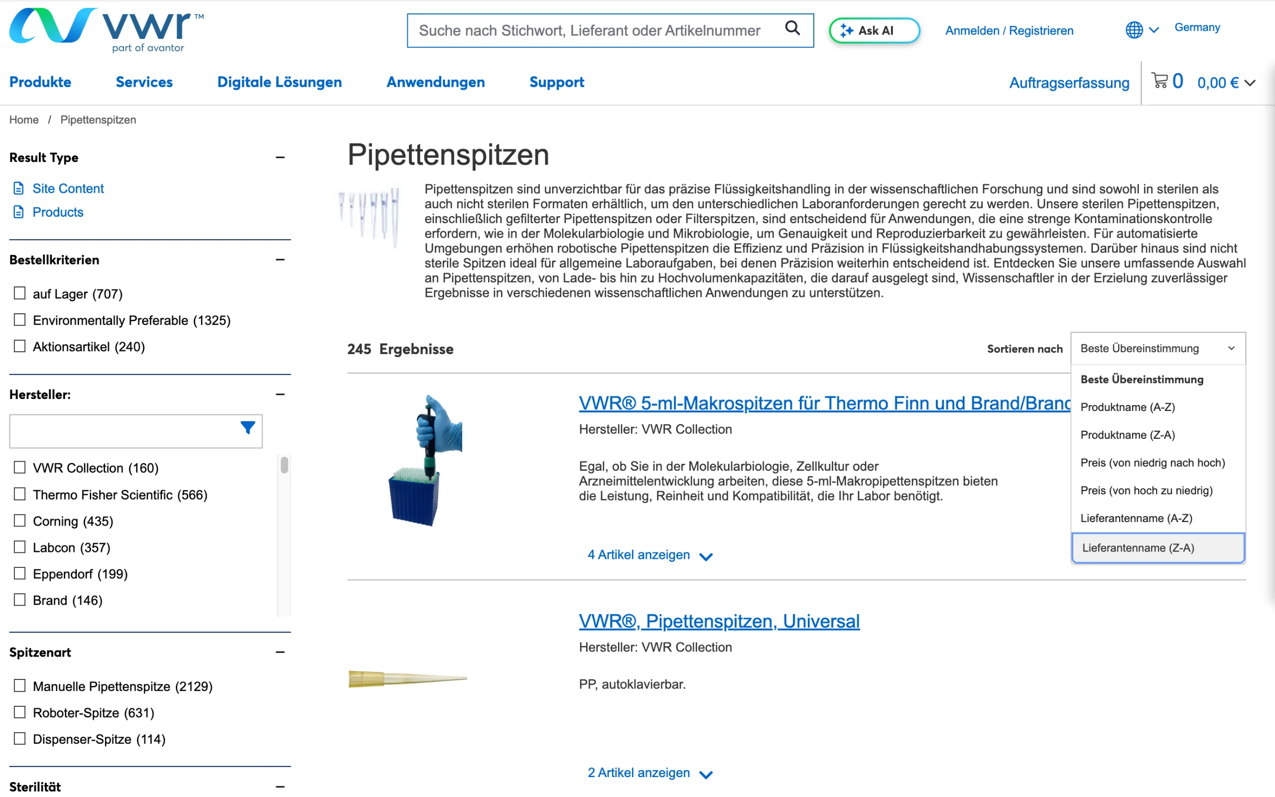 Screenshot-Beleg: VWR / Avantor — Kriterium 3.2 Sortieroptionen