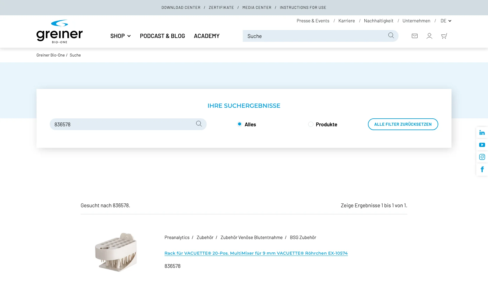 Screenshot-Beleg: Greiner Bio-One — Kriterium 2.2 Suche per Artikelnr./PZN/REF