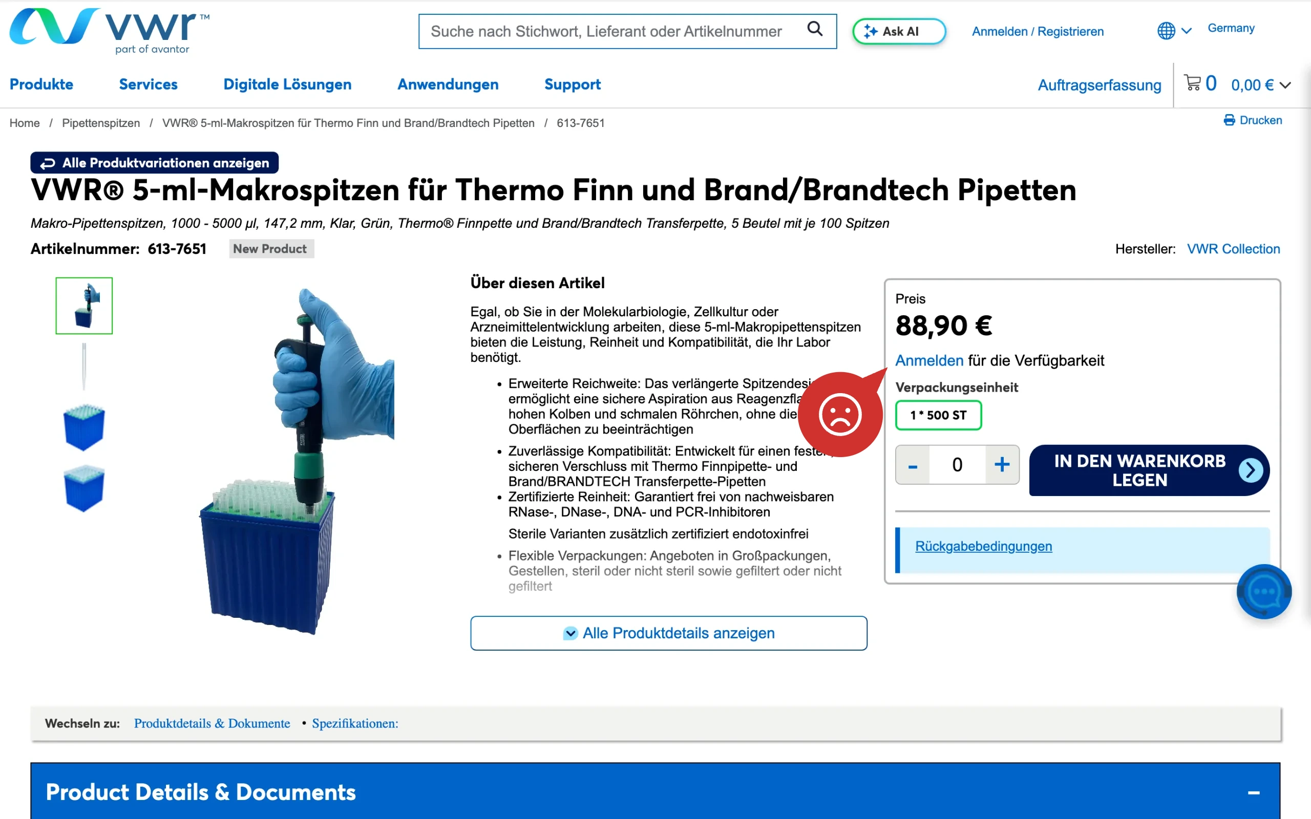 Screenshot-Beleg: VWR / Avantor — Kriterium 5.3 Lieferzeit / Verfügbarkeit