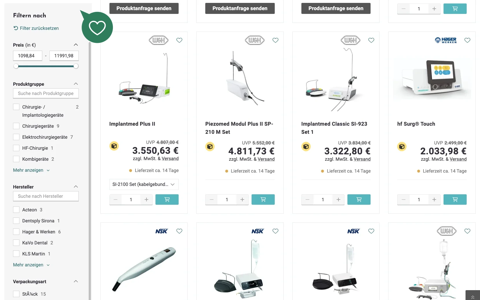 Screenshot-Beleg: van der Ven Dental — Kriterium 3.1 Filter in der Produktliste (Anzahl)