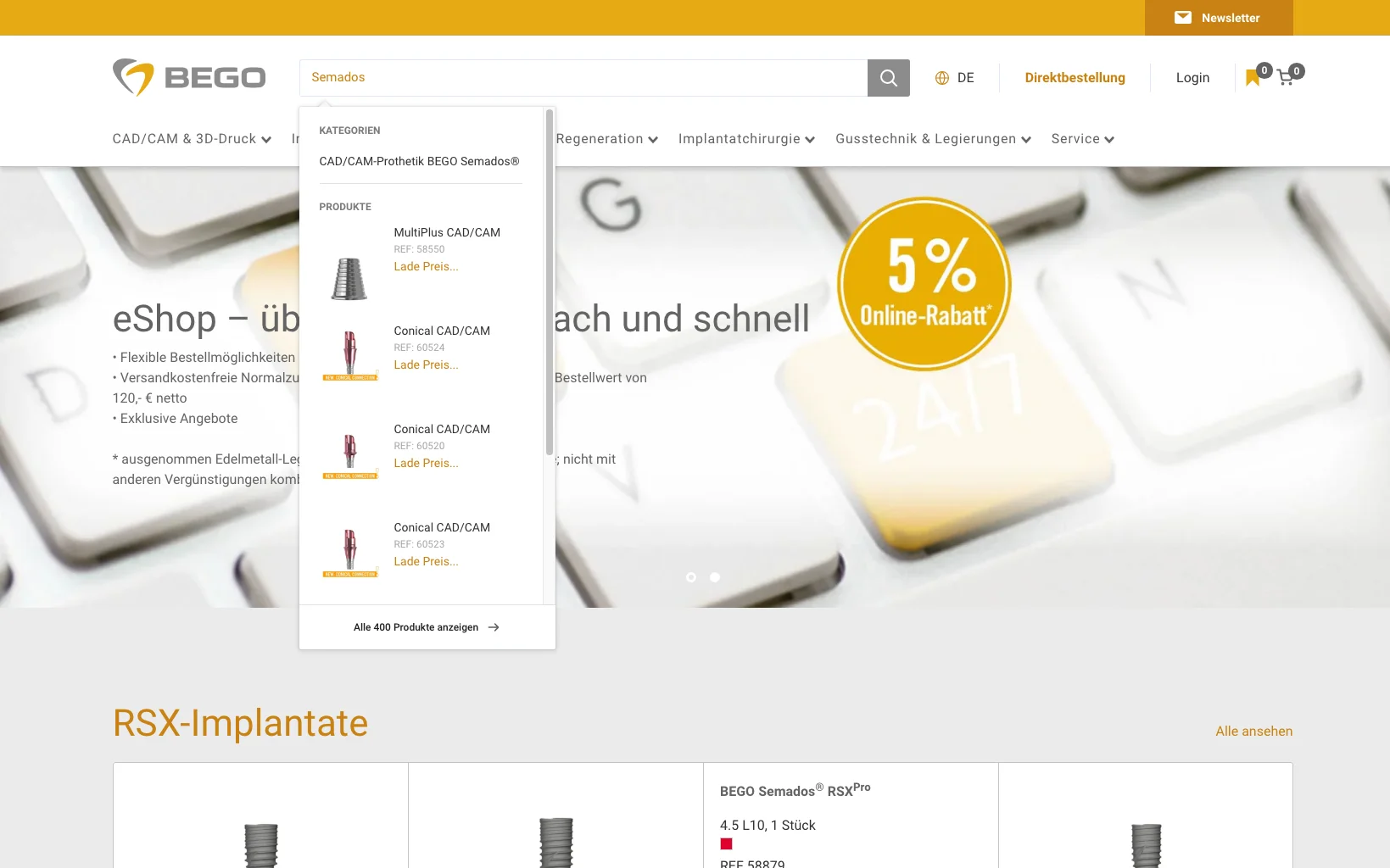 Screenshot-Beleg: BEGO — Kriterium 2.3 Suchvorschläge während der Eingabe