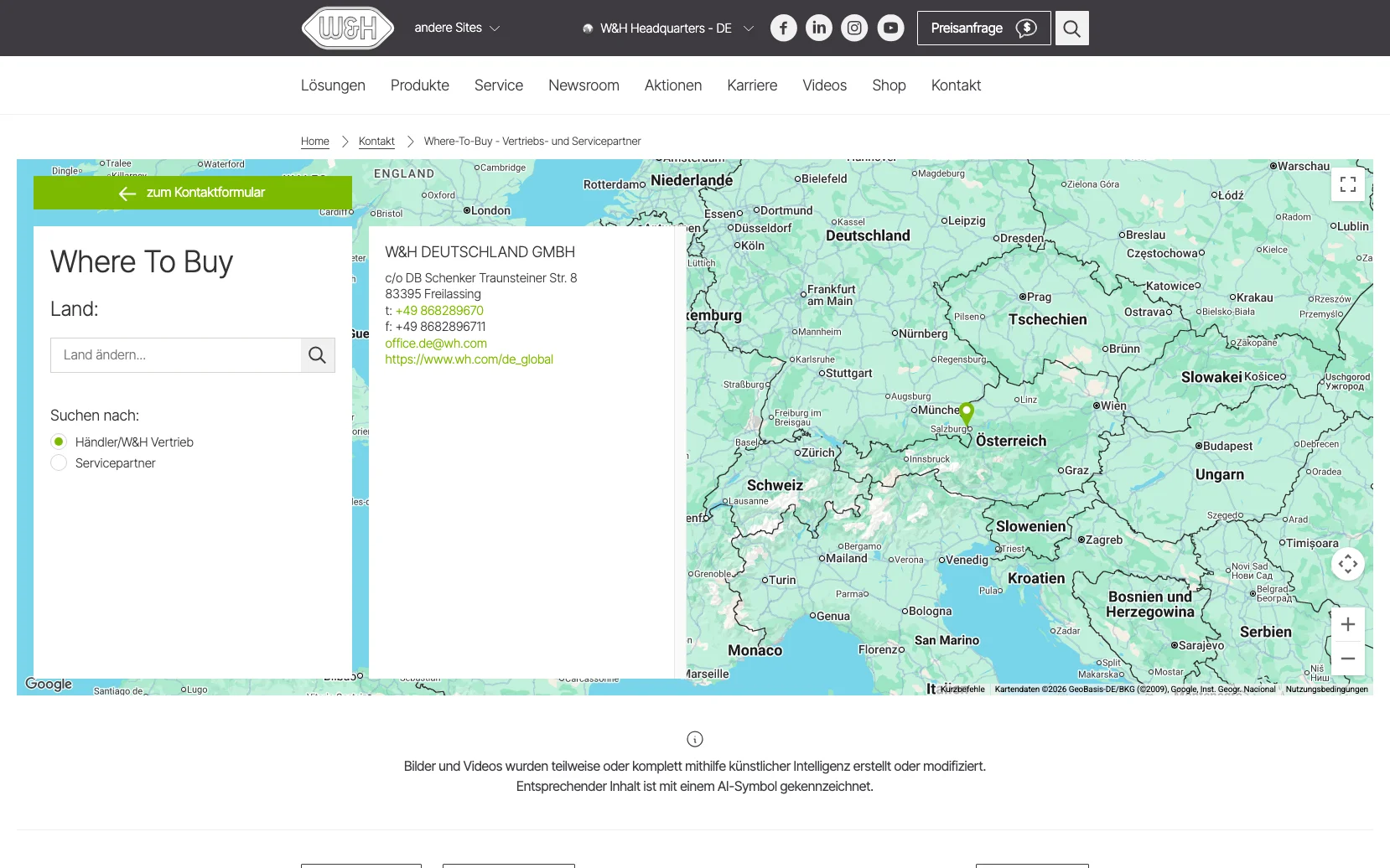 Screenshot-Beleg: W&H Dentalwerk — Kriterium 5.1 „Wo kaufen"-Info auf Site