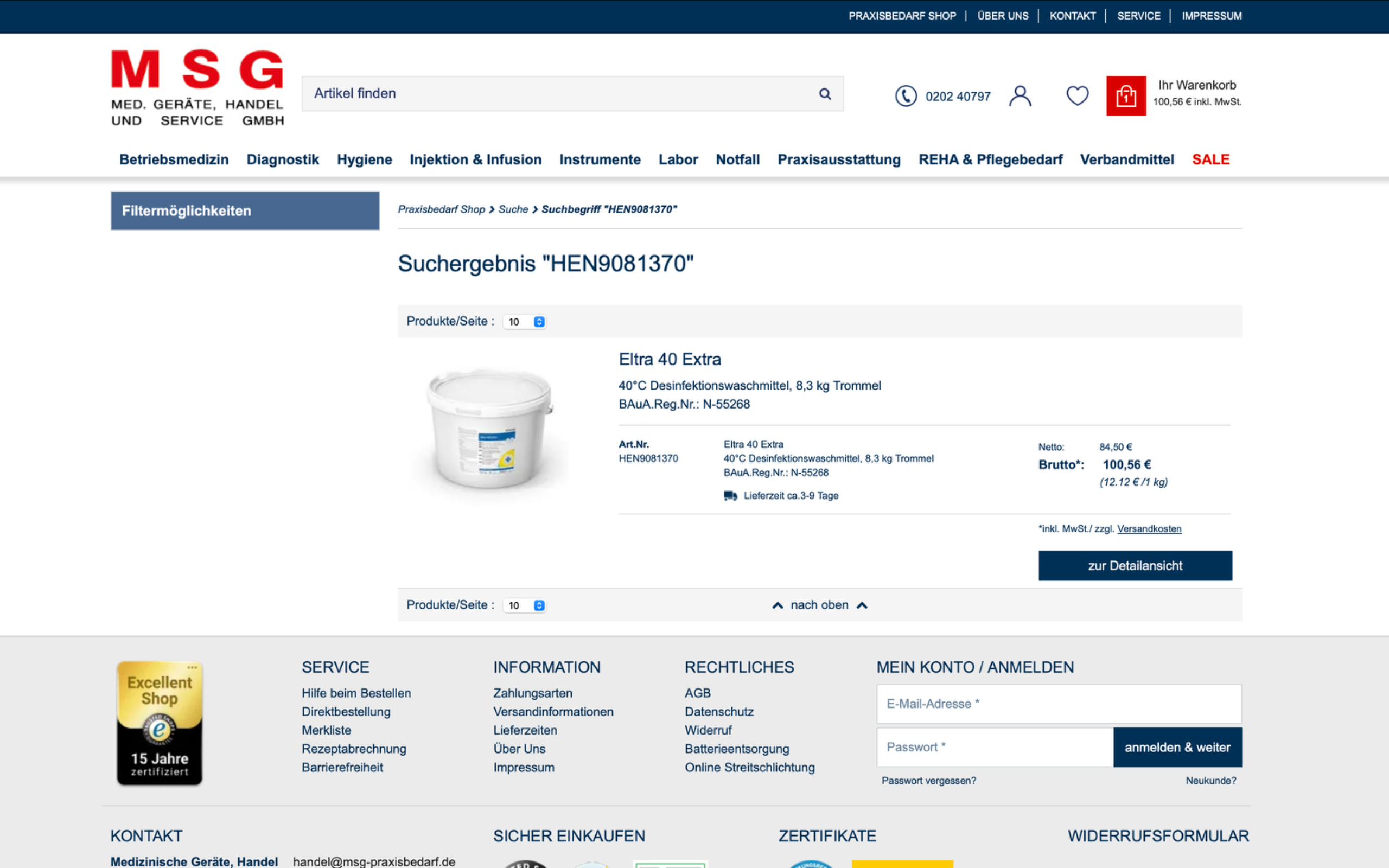Screenshot-Beleg: MSG-Praxisbedarf — Kriterium 2.2 Suche per Artikelnr./PZN/REF