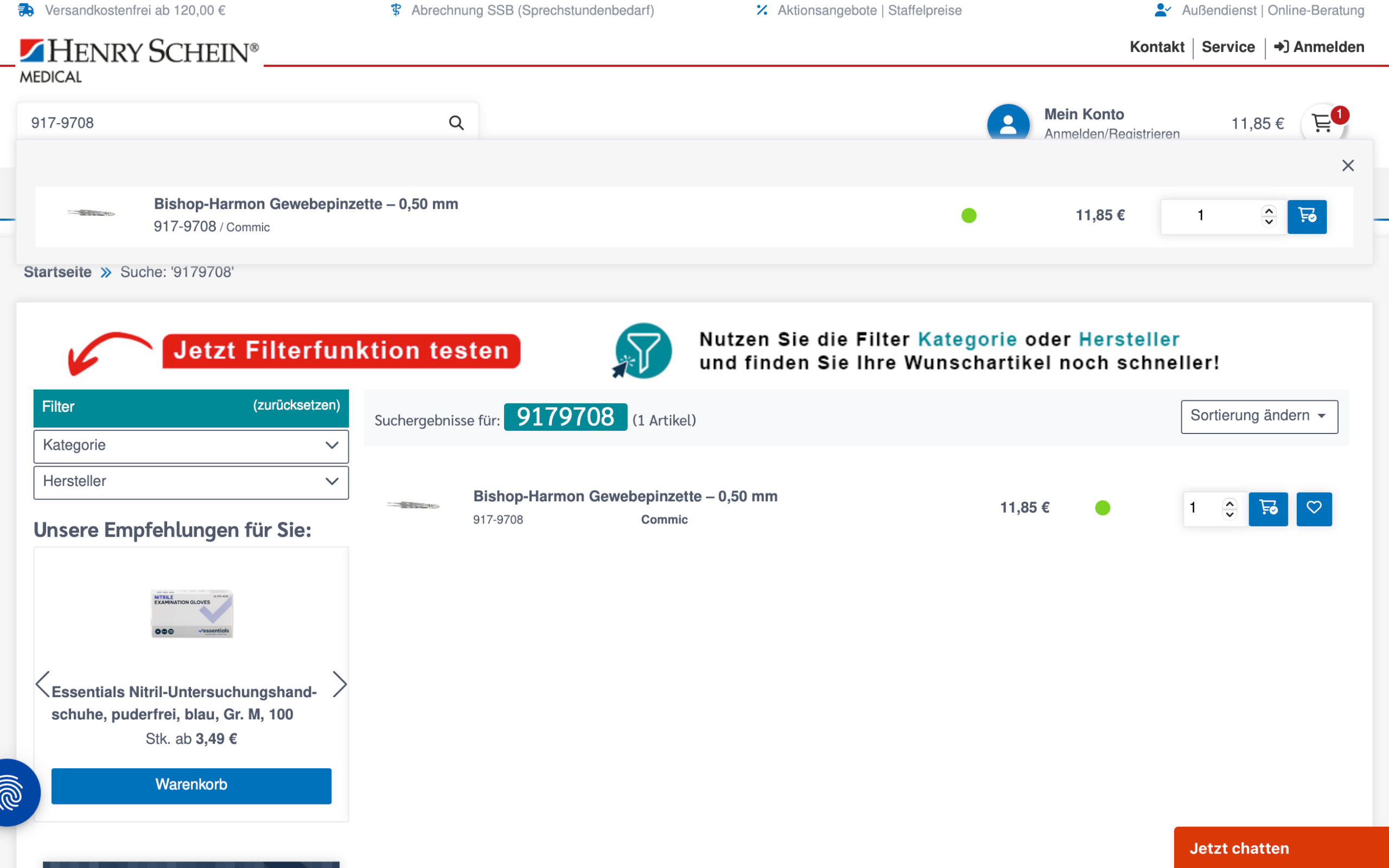 Screenshot-Beleg: Henry Schein Medical — Kriterium 2.2 Suche per Artikelnr./PZN/REF