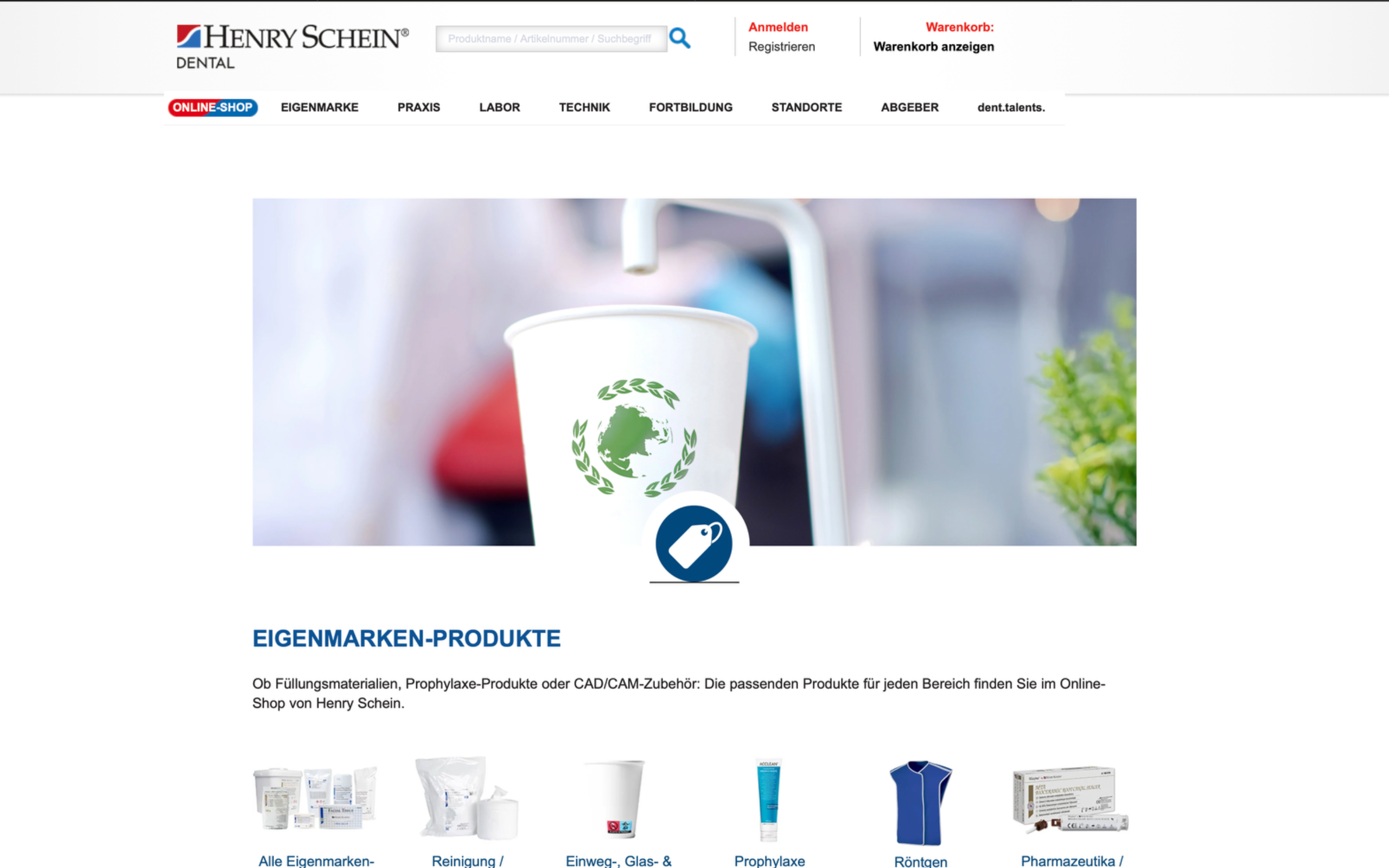 Screenshot-Beleg: Henry Schein Dental — Kriterium 2.1 Suchfeld persistent in Top-Bar