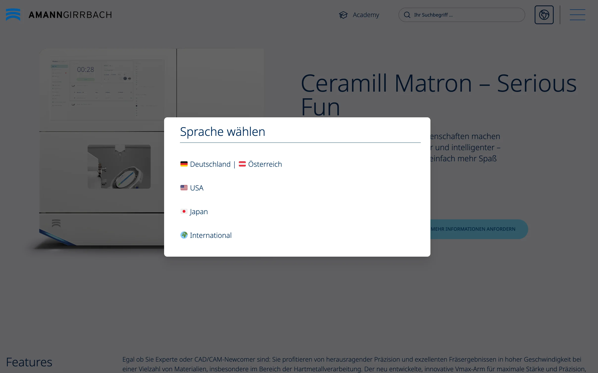 Screenshot-Beleg: Amann Girrbach — Kriterium 1.5 Sprachauswahl