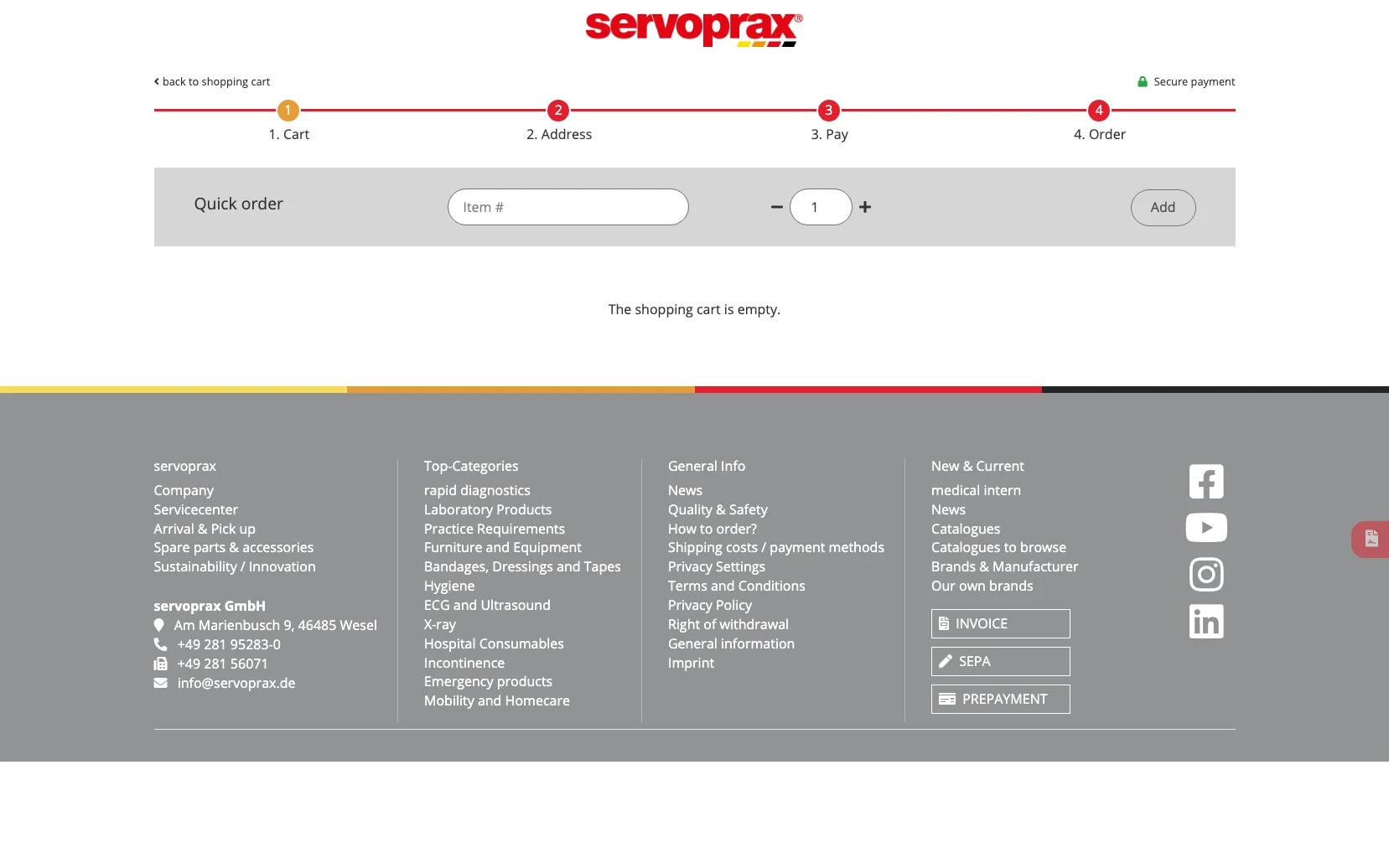 Screenshot-Beleg: Servoprax — Kriterium 5.4 Schnellbestellung per Artikelnr.
