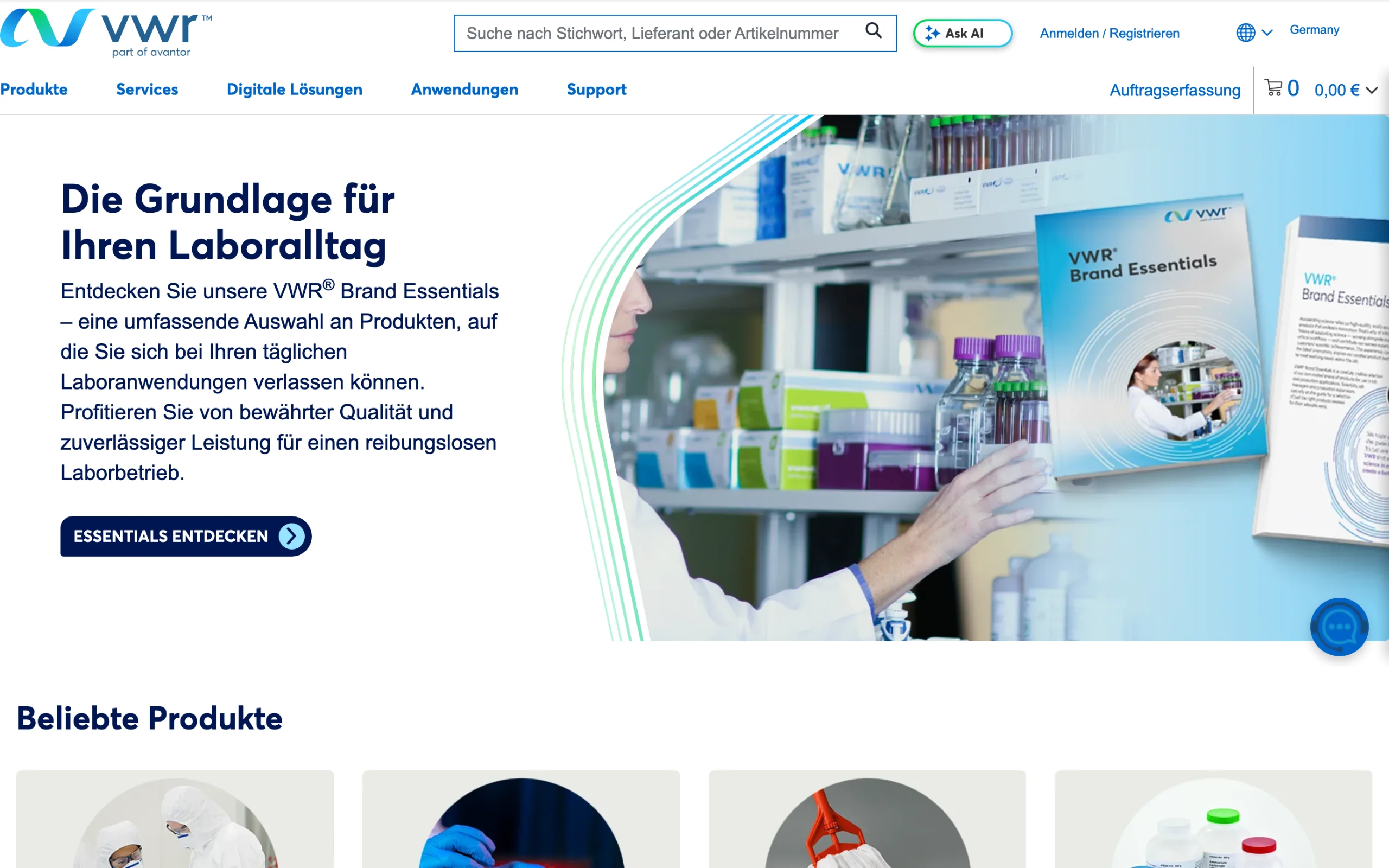 Screenshot-Beleg: VWR / Avantor — Kriterium 1.4 Design & Gesamteindruck