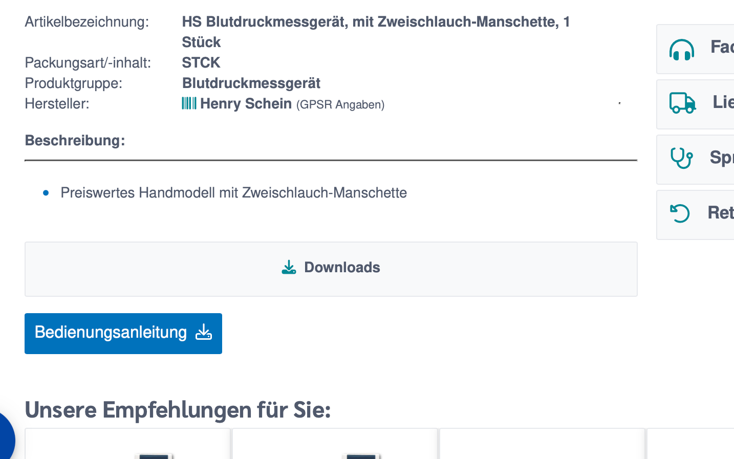 Screenshot-Beleg: Henry Schein Medical — Kriterium 4.2 Tech. Dokumente downloadbar