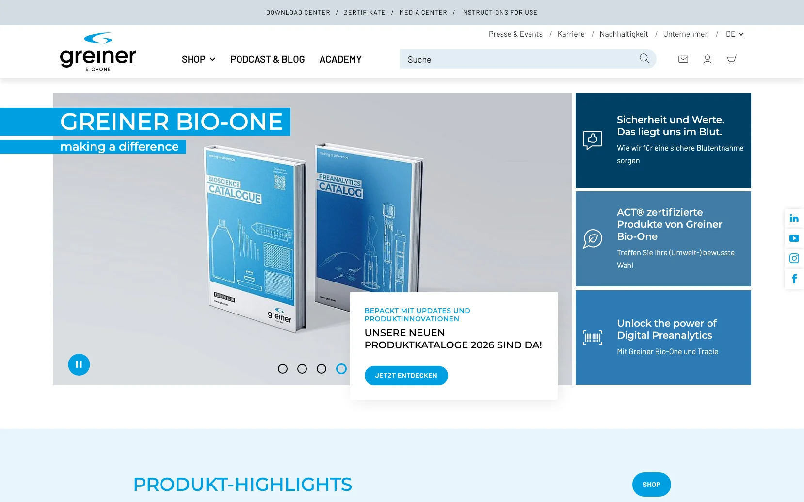Screenshot-Beleg: Greiner Bio-One — Kriterium 1.4 Design & Gesamteindruck