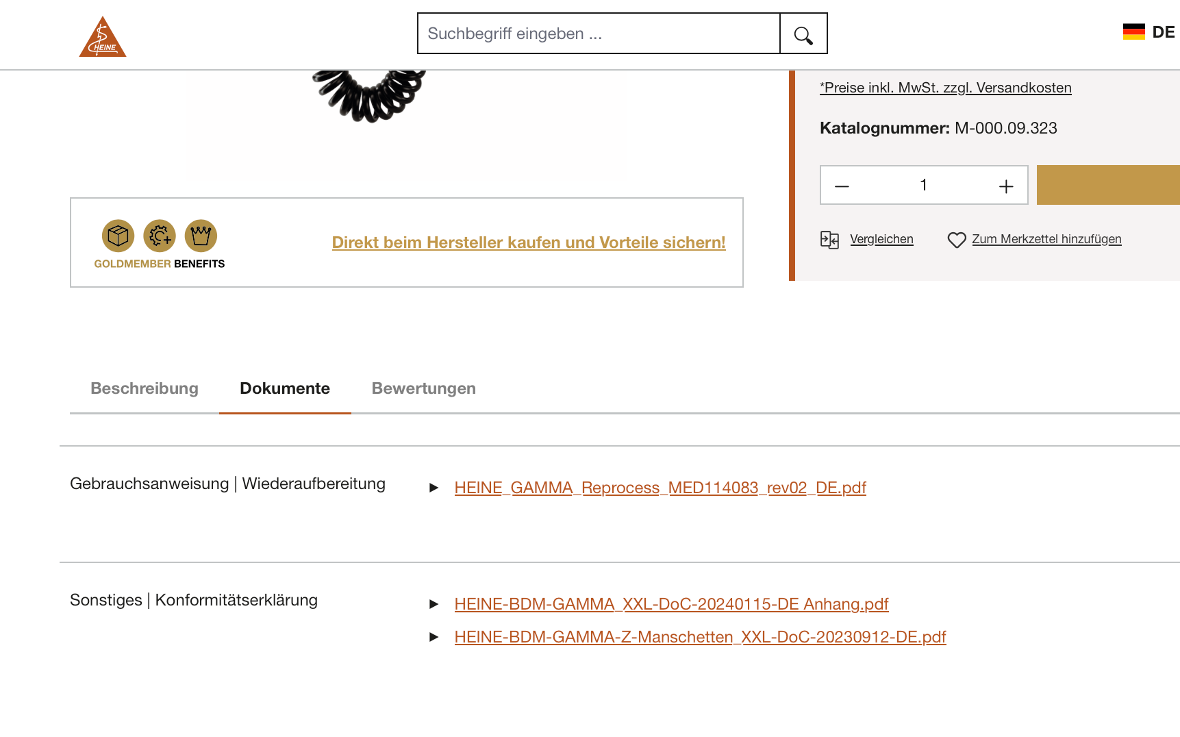 Screenshot-Beleg: Heine Optotechnik — Kriterium 4.2 Tech. Dokumente downloadbar