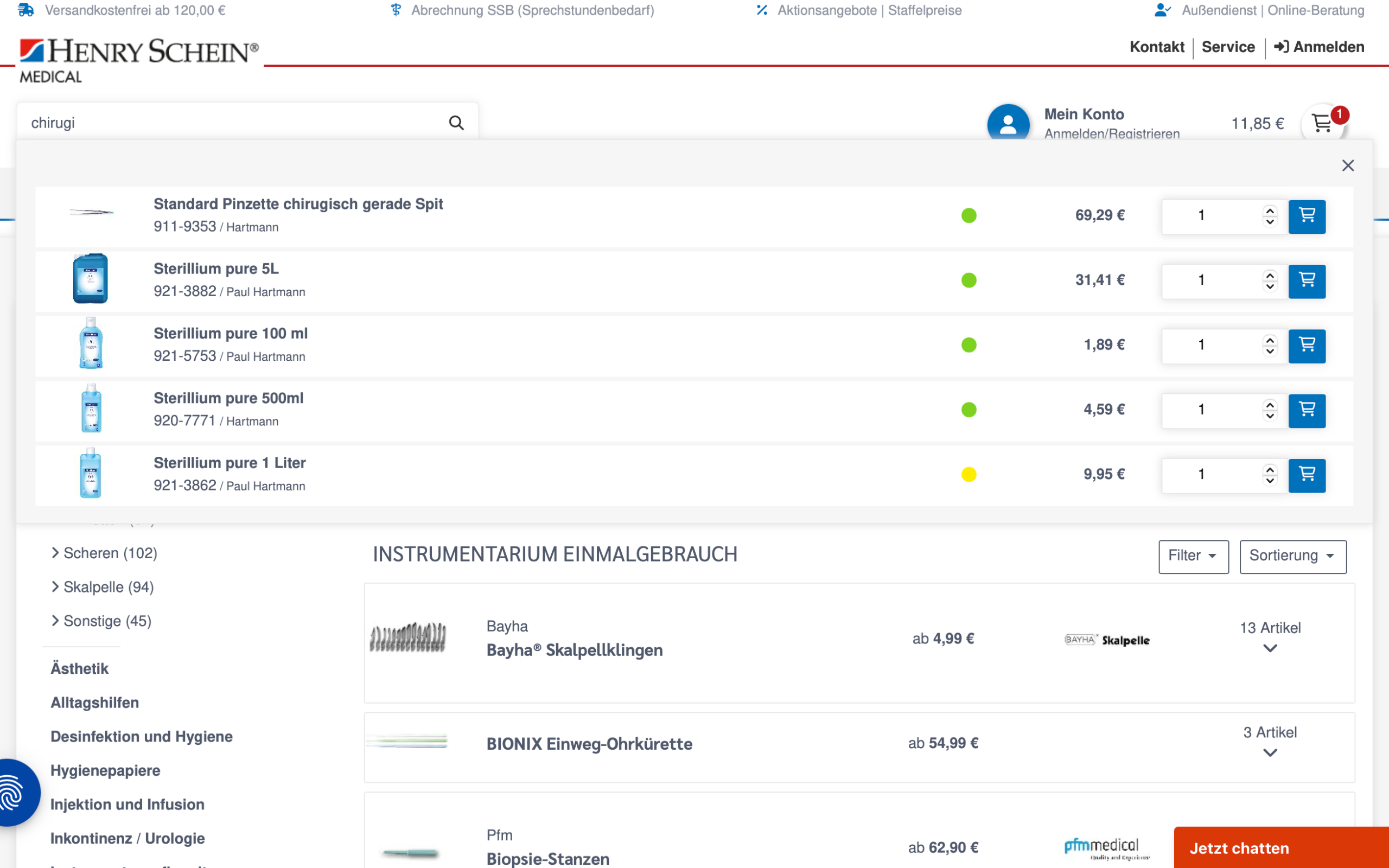 Screenshot-Beleg: Henry Schein Medical — Kriterium 2.3 Suchvorschläge während der Eingabe
