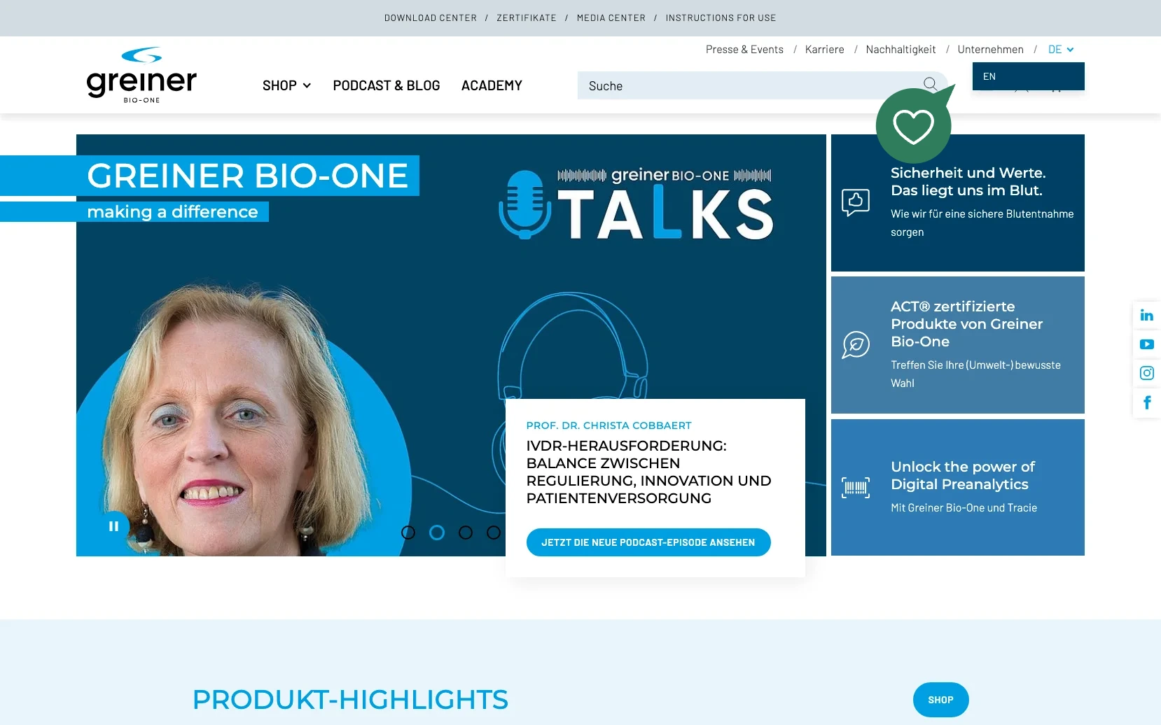 Screenshot-Beleg: Greiner Bio-One — Kriterium 1.5 Sprachauswahl