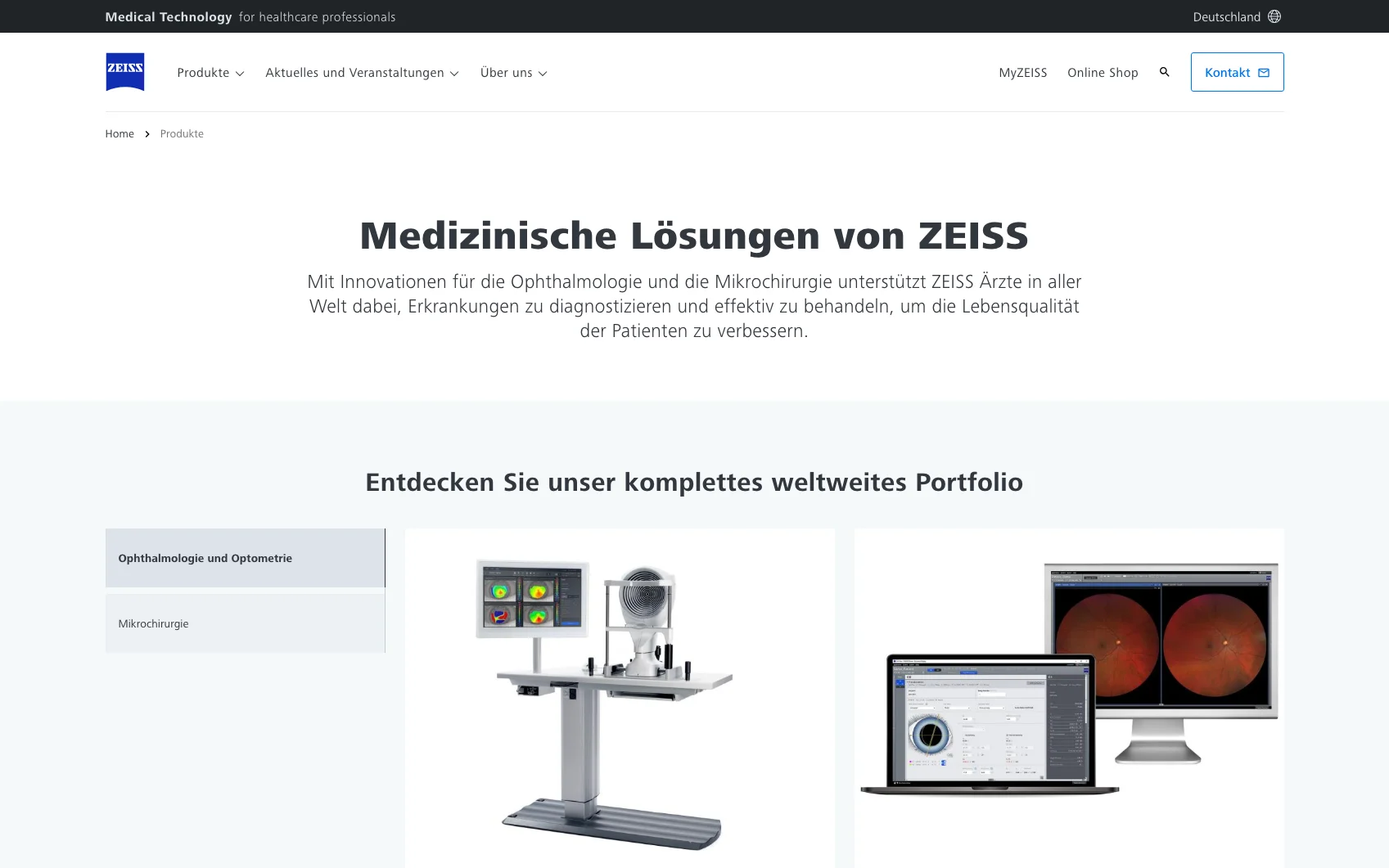 Screenshot-Beleg: Carl Zeiss Meditec — Kriterium 2.1 Suchfeld persistent in Top-Bar