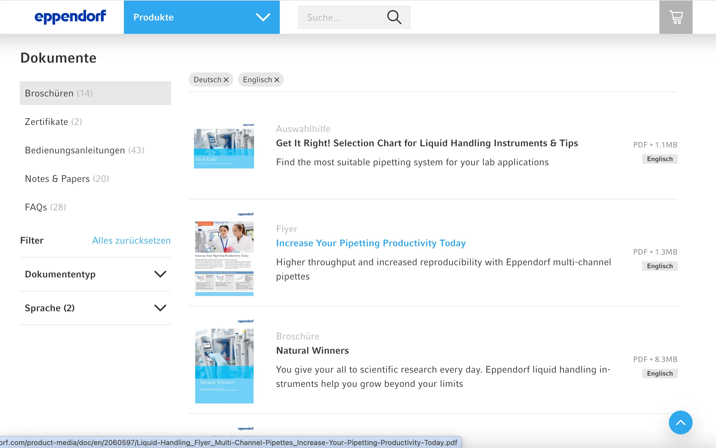Screenshot-Beleg: Eppendorf — Kriterium 4.2 Tech. Dokumente downloadbar